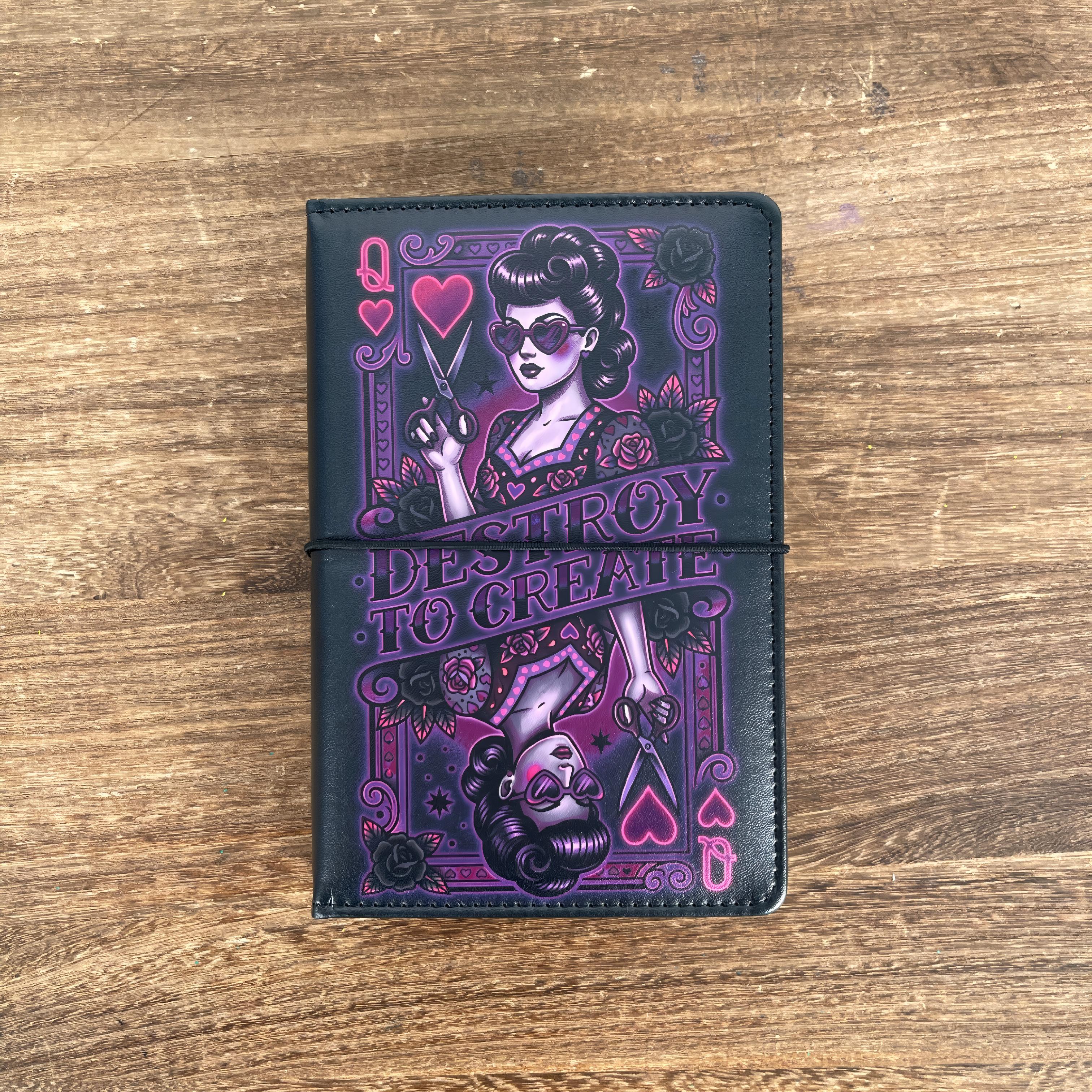 “Destroy to Create” Queen of Hearts A6 Binder Cover (Cover Only, No Inserts) – Vintage Tattoo Art Planner Cover with Elastic Band