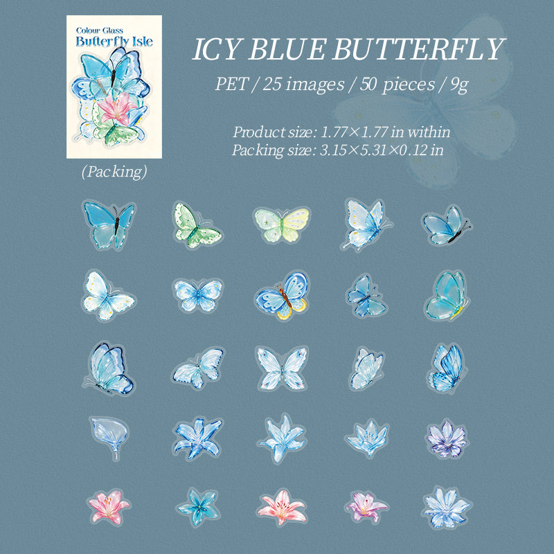 Colorful Glass Butterfly Isle PET Stickers -50Pcs each pack