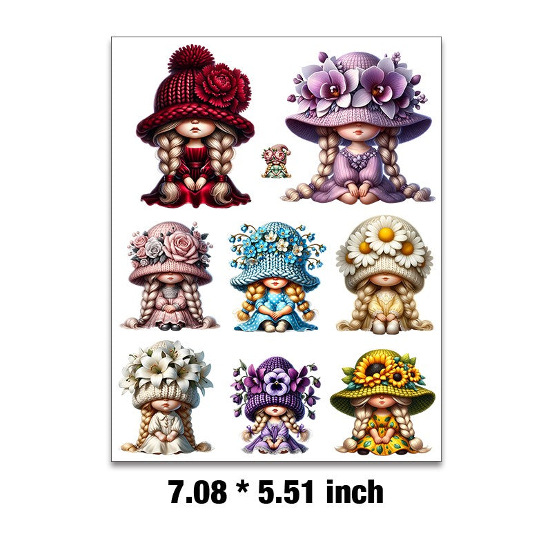 E-29- Spring gnome girl Embossed sticker 1 Pcs