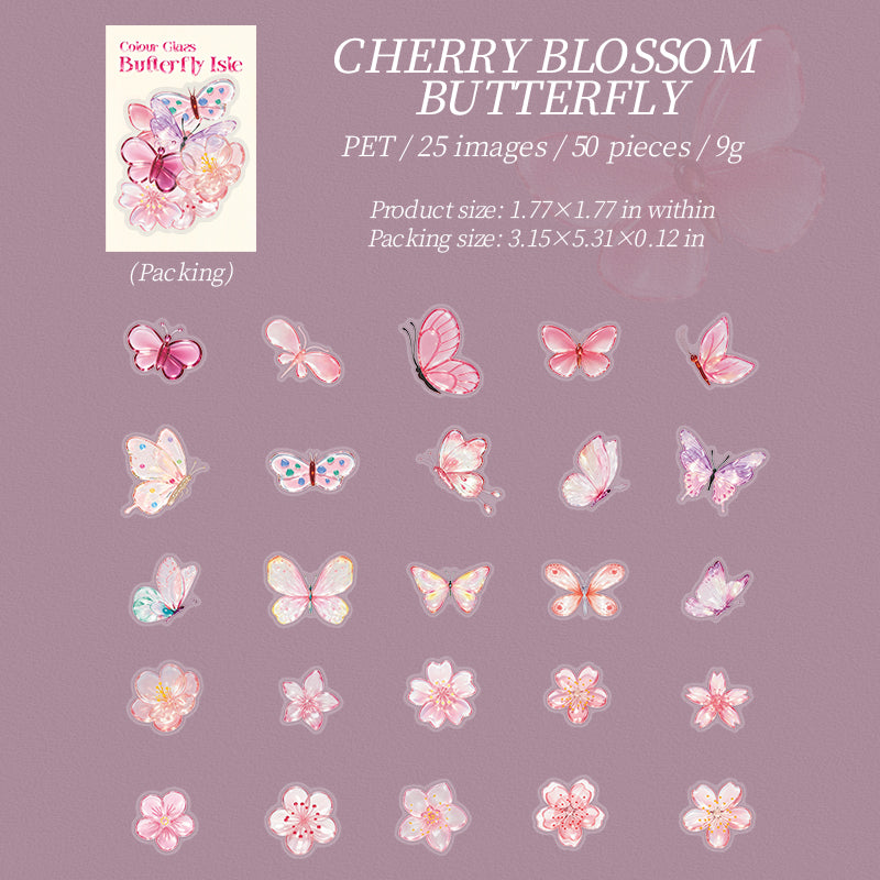 Colorful Glass Butterfly Isle PET Stickers -50Pcs each pack