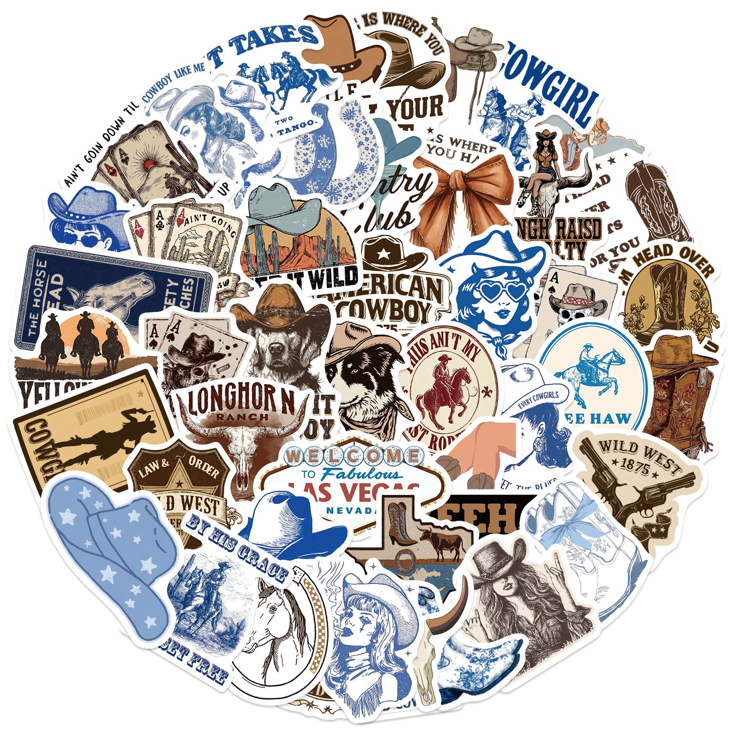 50 western cowboy Stickers solid with white border