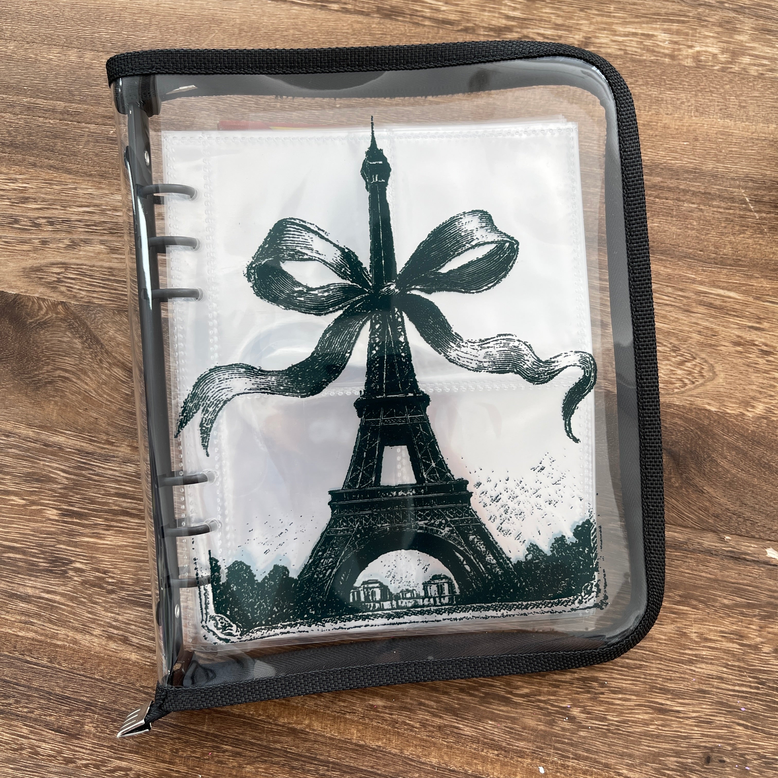 A5 Black Eiffel Tower clear binder with Zipper + 50 Pcs pocket insert, ATC cards storage book