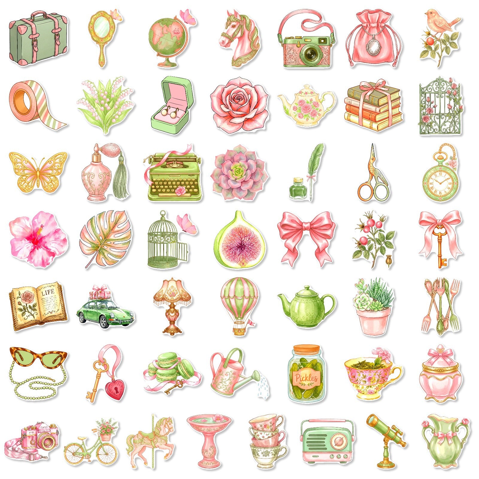 50 Vintage Pink and Green Girly Solid Sticker With White Border