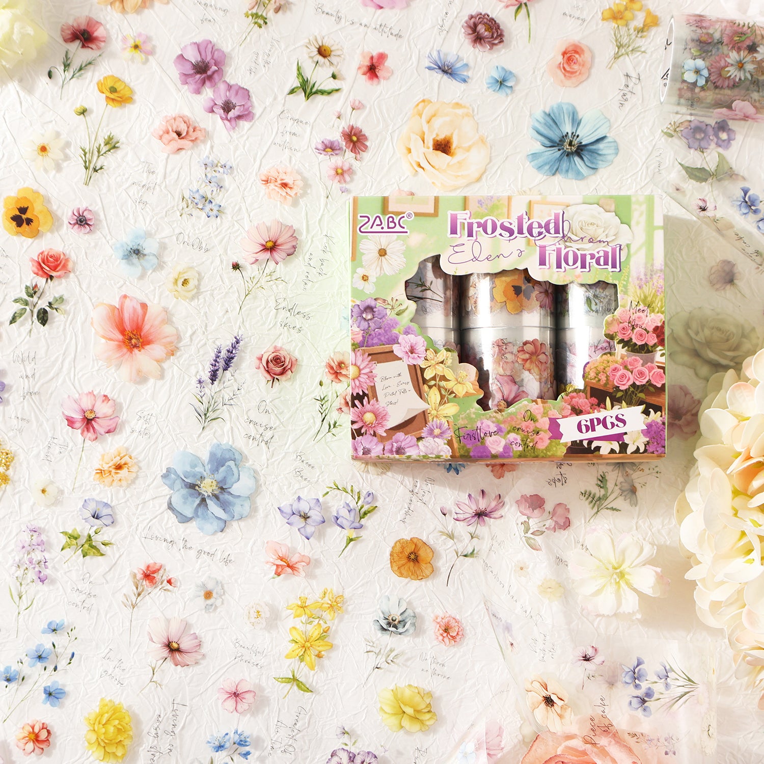 0925 Frosted floral PET Tape Set *pre-cut 6 rolls 5cm*2m