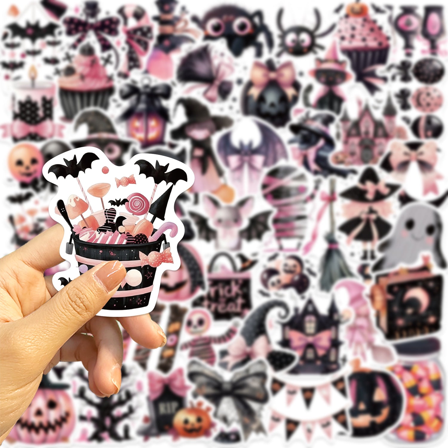 50 Black pink halloween Stickers solid with white border