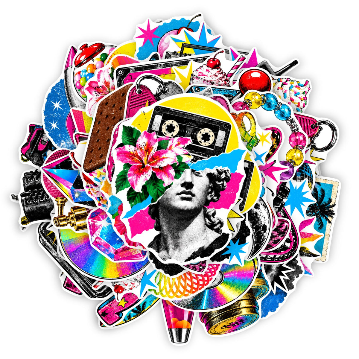 50 Vintage Holographic Decoration Solid Sticker With White Border