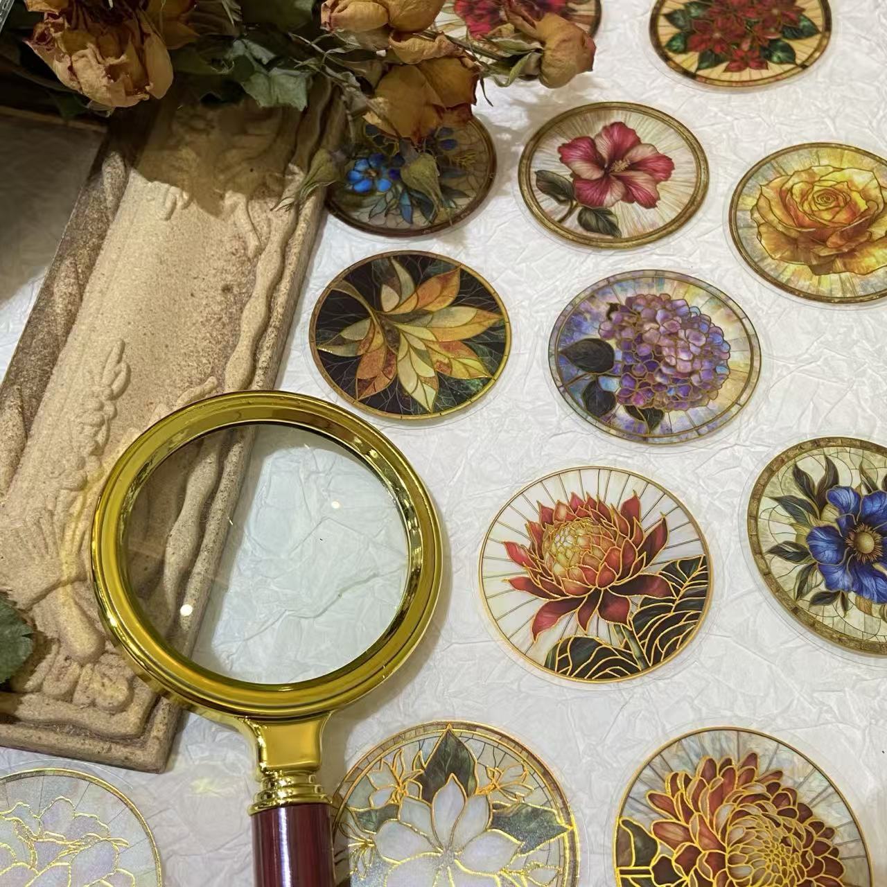 Round Glass Flowers PET Stickers -50Pcs each pack