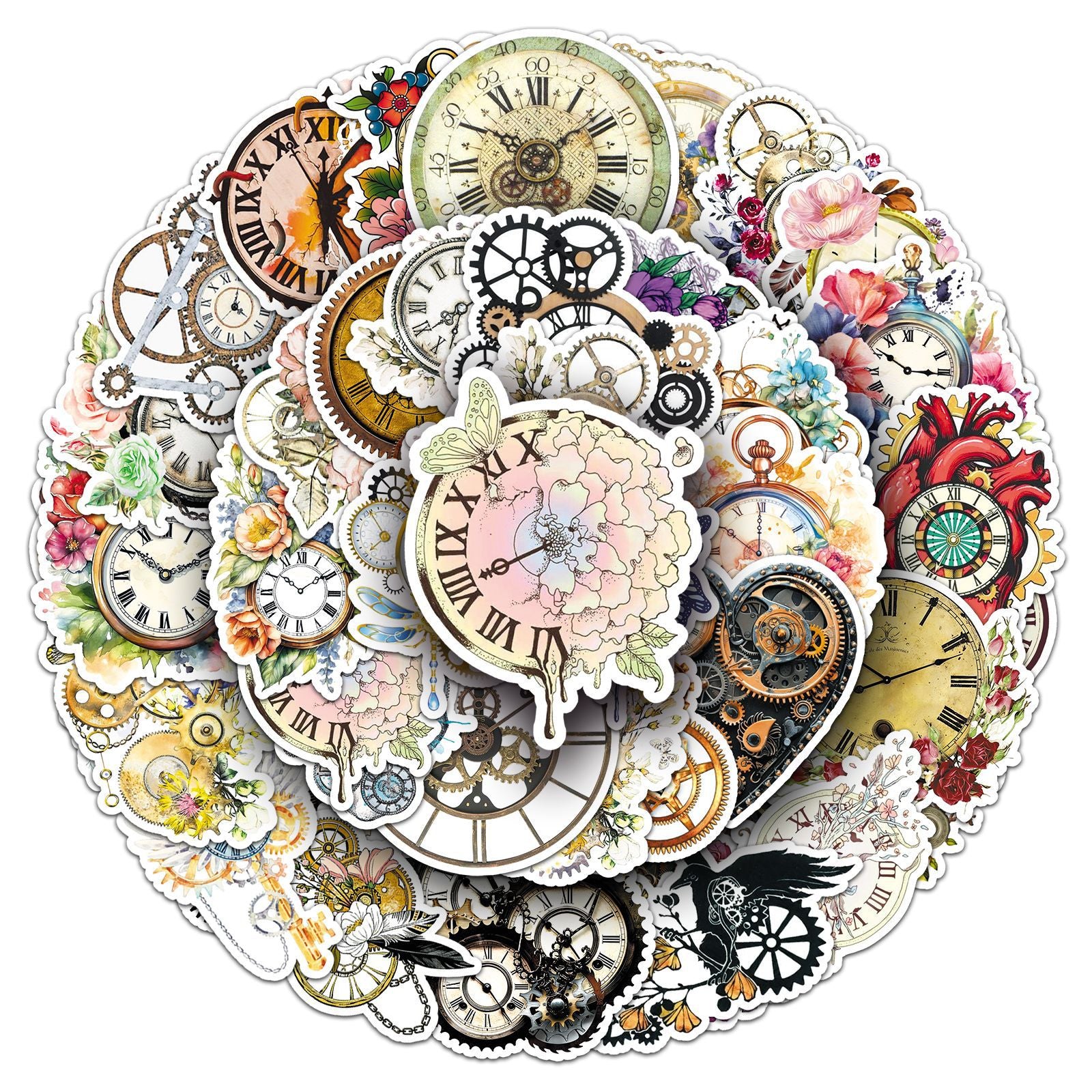 50 Vintage Mechanical Clock Solid Sticker With White Border