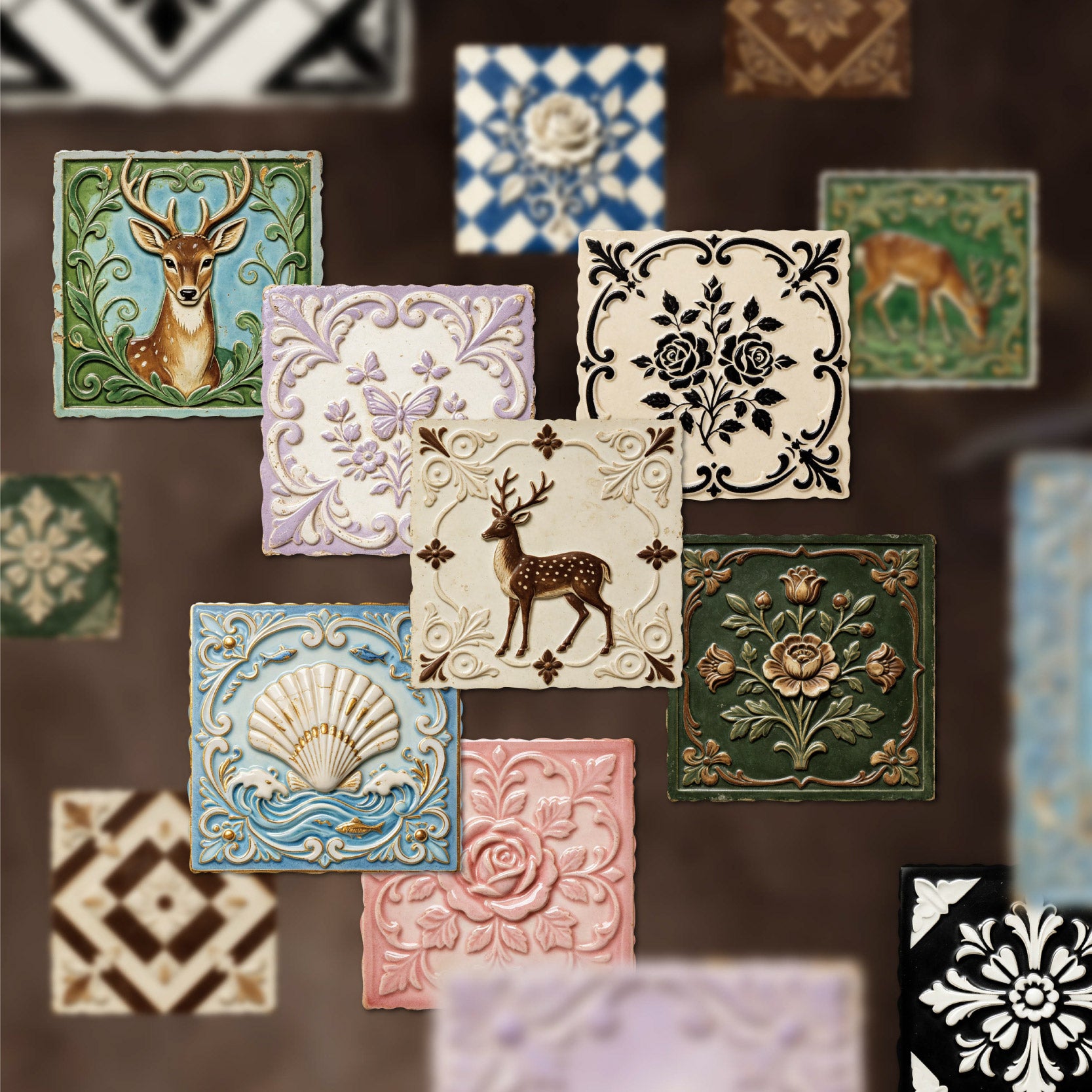 Vintage Embossed Tile Cardstock Stickers -10Pcs each pack