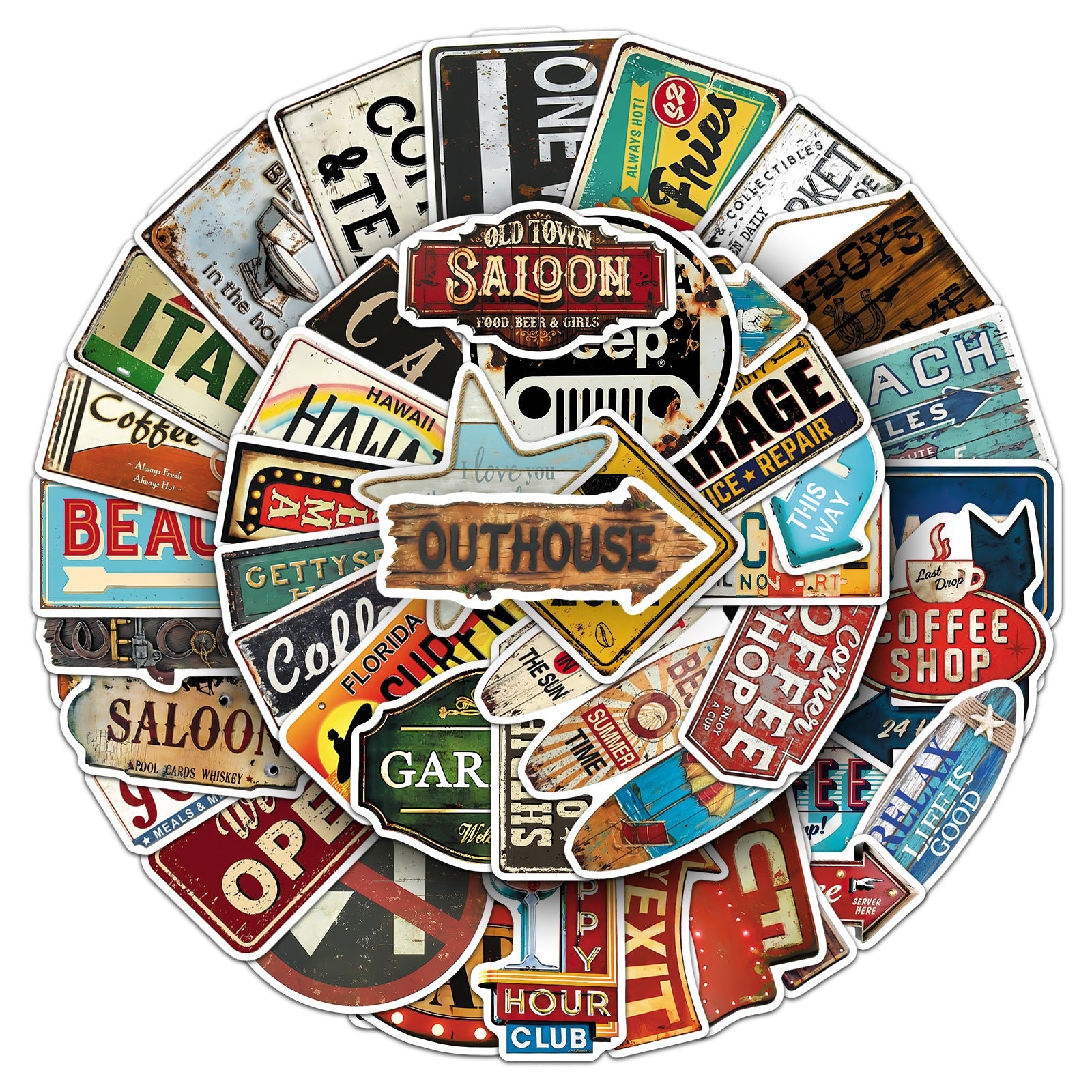 50 Vintage Signage Solid Sticker With White Border