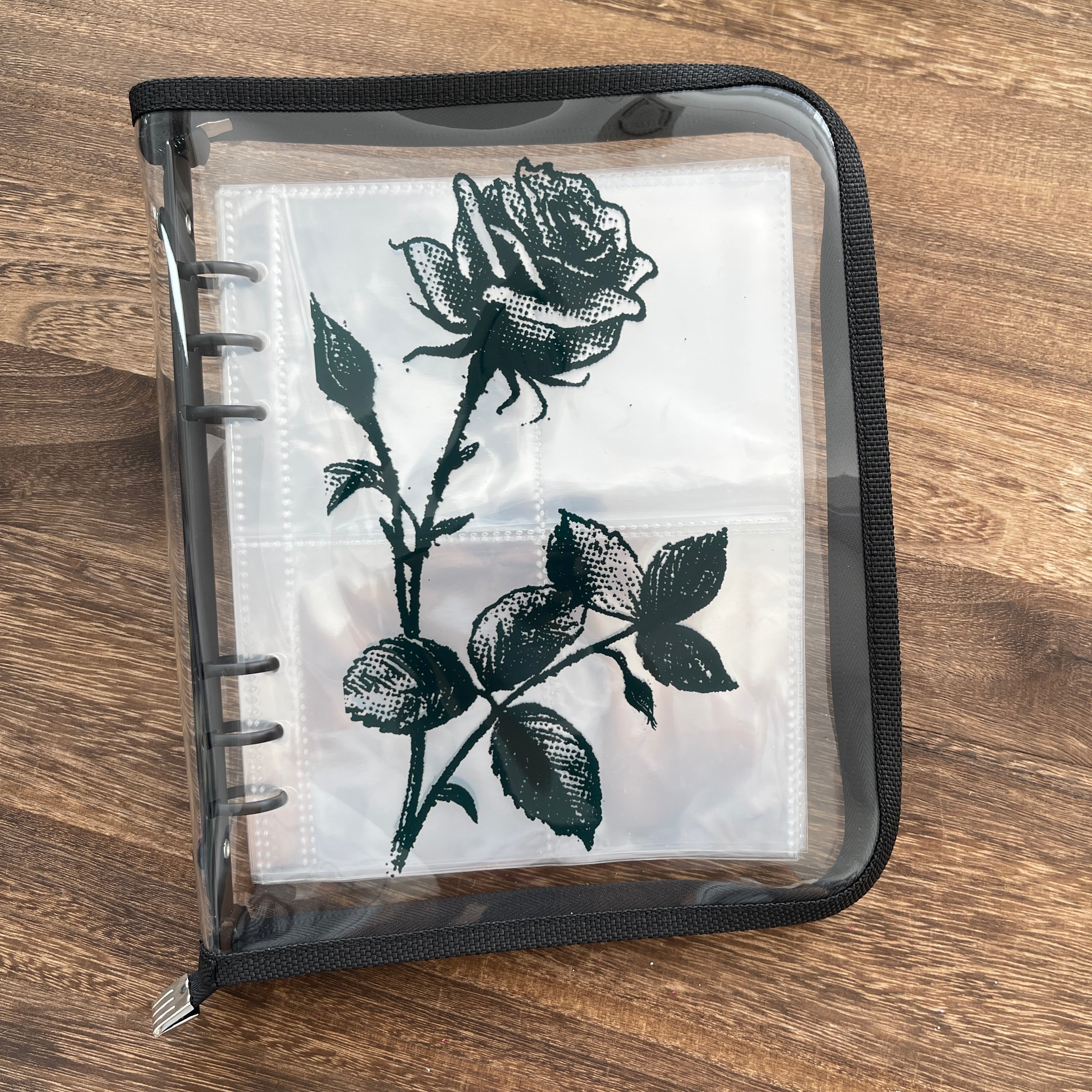 A5 Black rose clear binder with Zipper + 50 Pcs pocket insert, ATC cards storage book