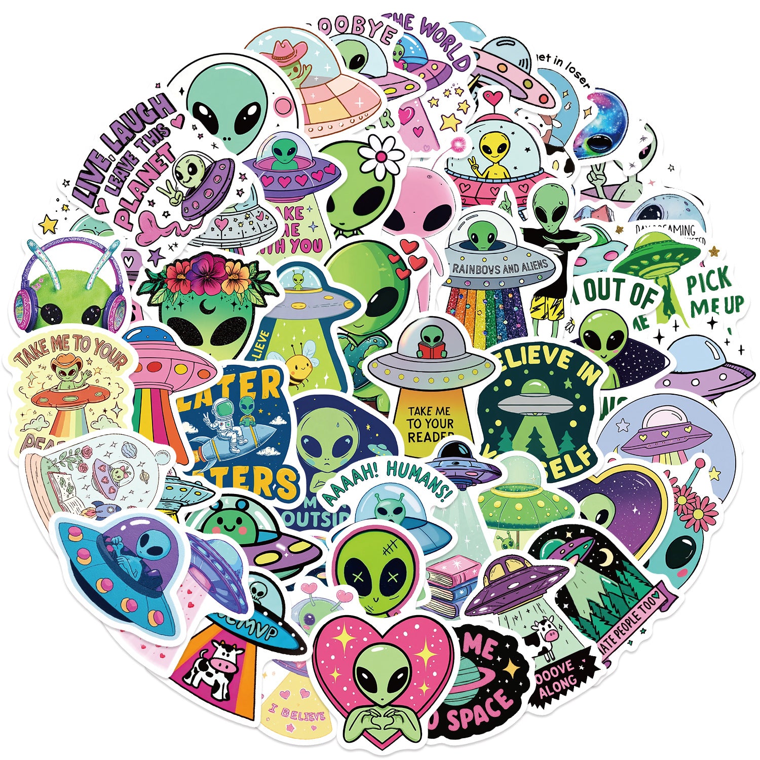 50 Vintage Alien Solid Sticker With White Border