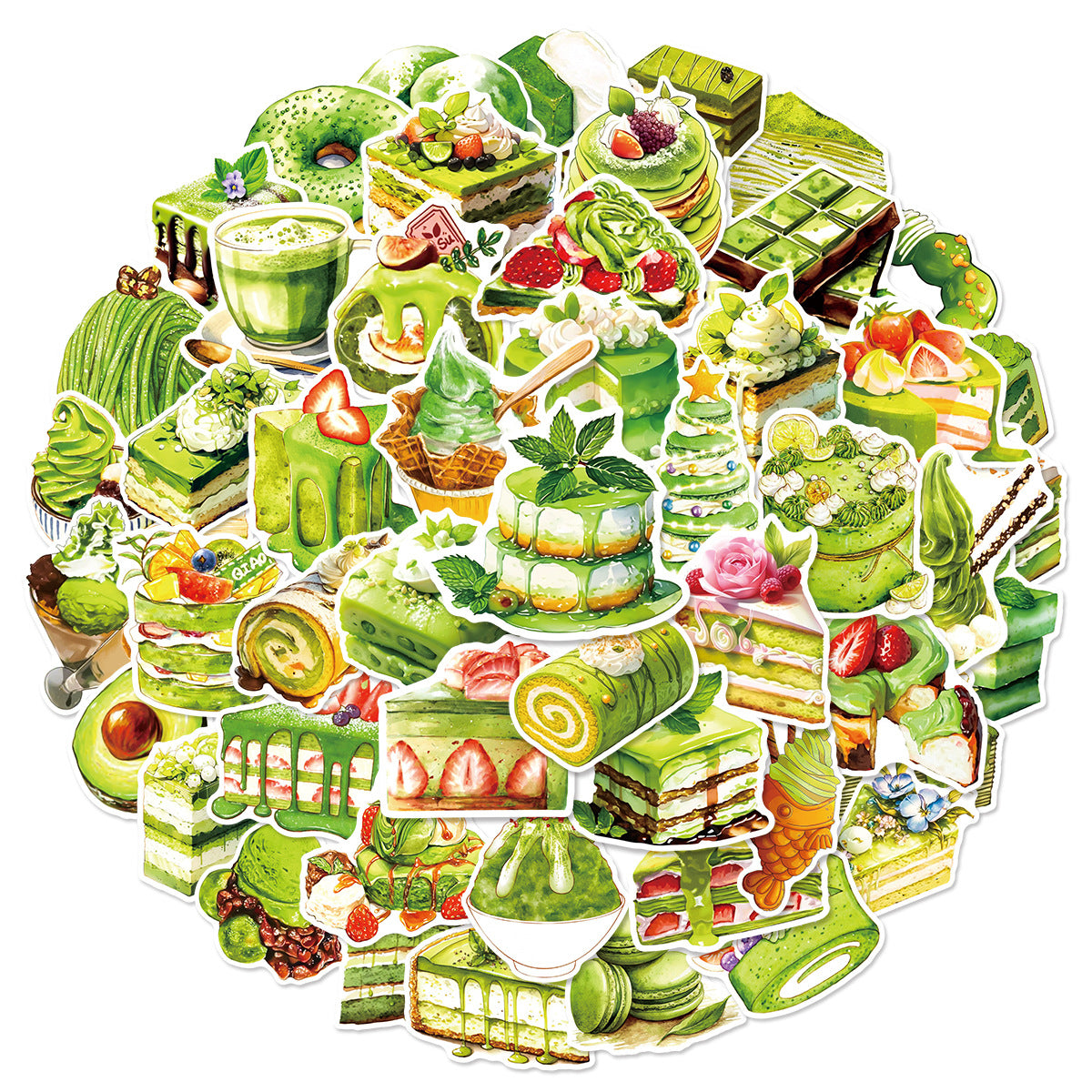 0908 50 Matcha-flavored desserts Stickers solid with white border