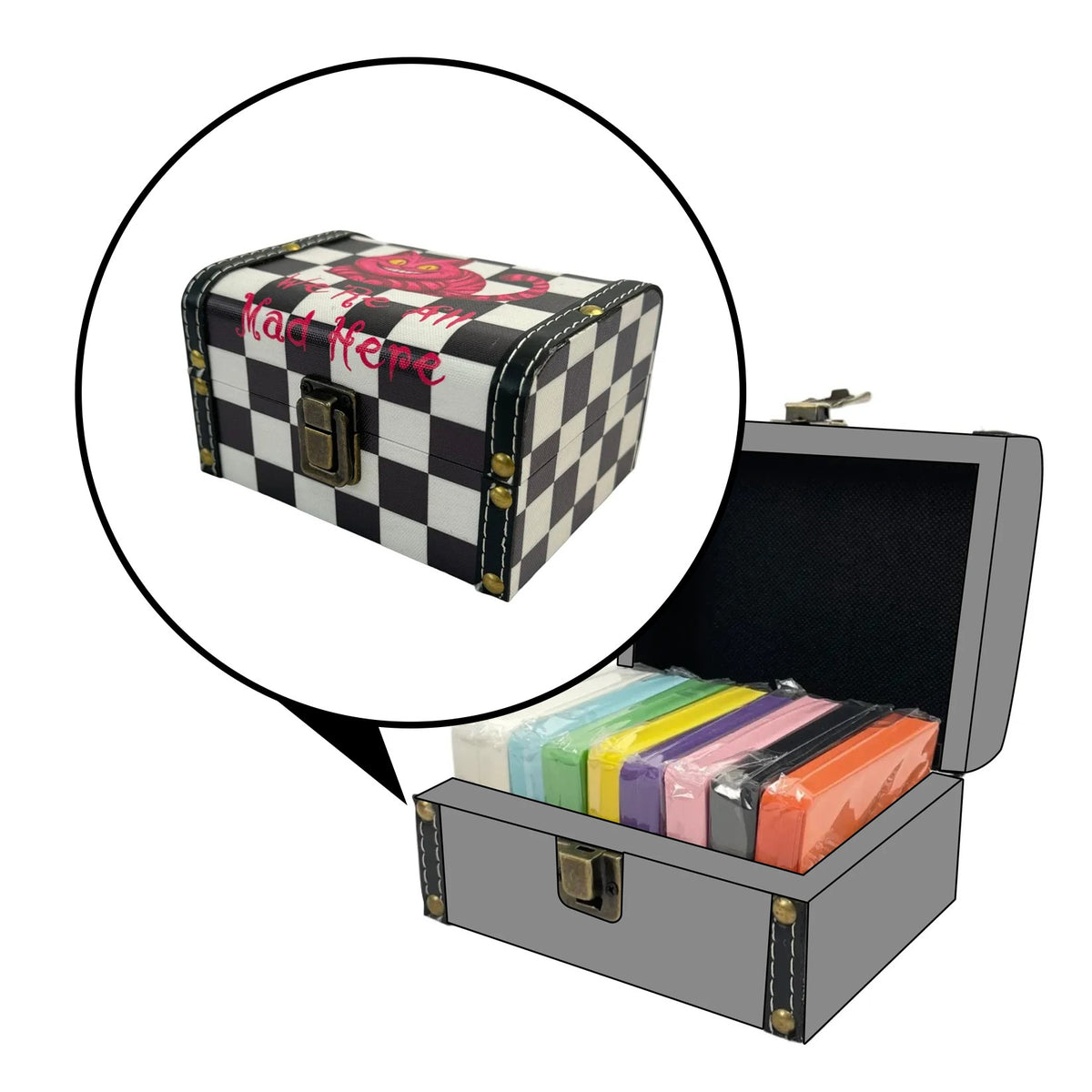 Grinning Cat Checkered box with ATC cards inside