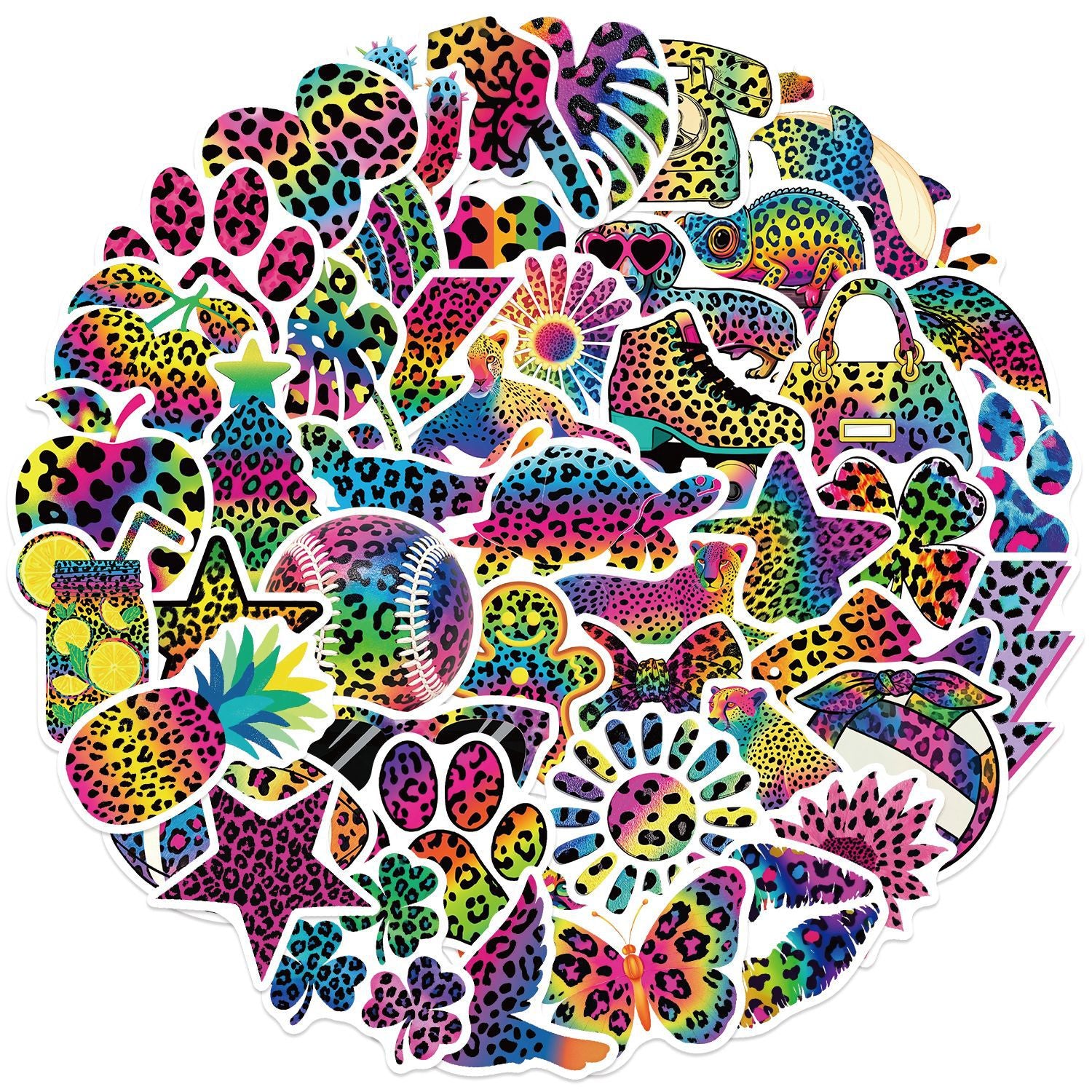 50 Vintage Colorful Leopard Print Solid Sticker With White Border