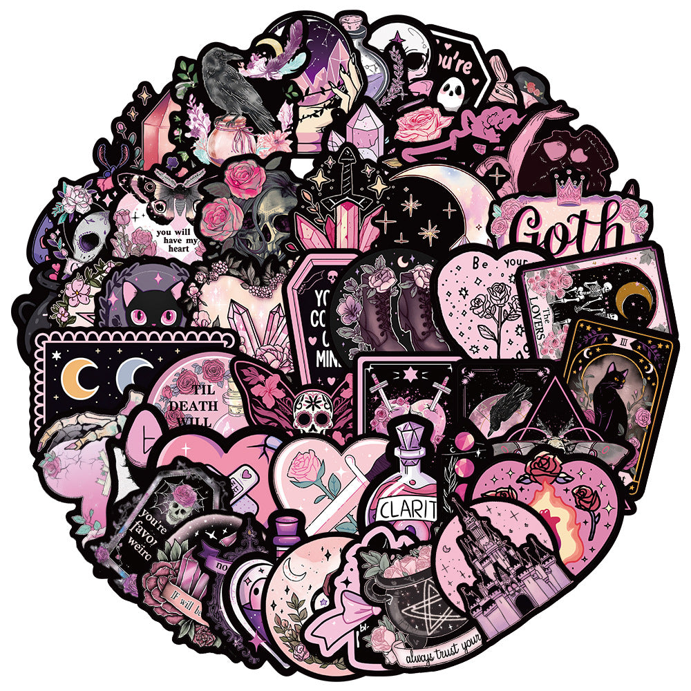 50 Pink goth Stickers solid with black border