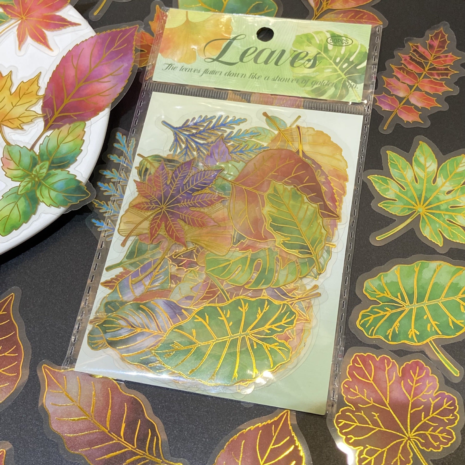Gold Foil Leaves PET Stickers -50Pcs each pack