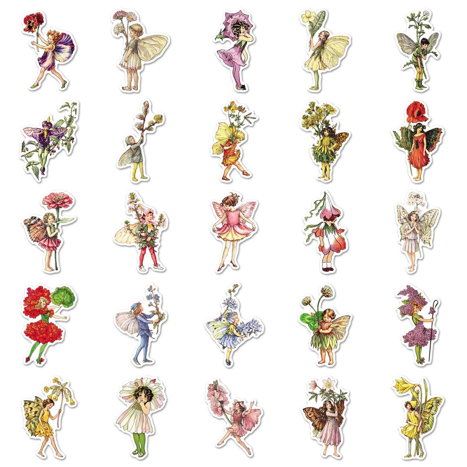 50 Vintage Flower Fairy Solid Sticker With White Border