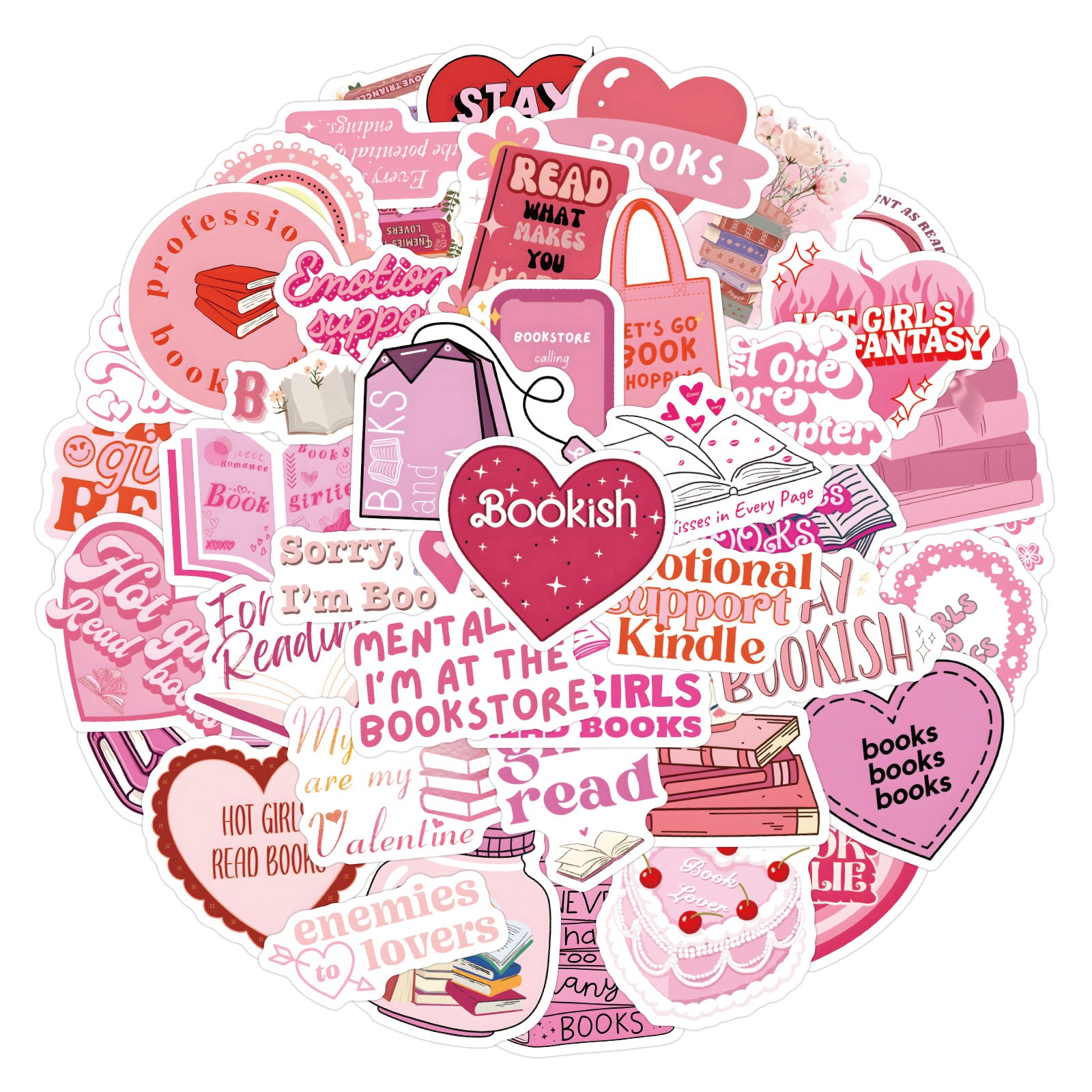 60 Pink Bookish Stickers solid with white border