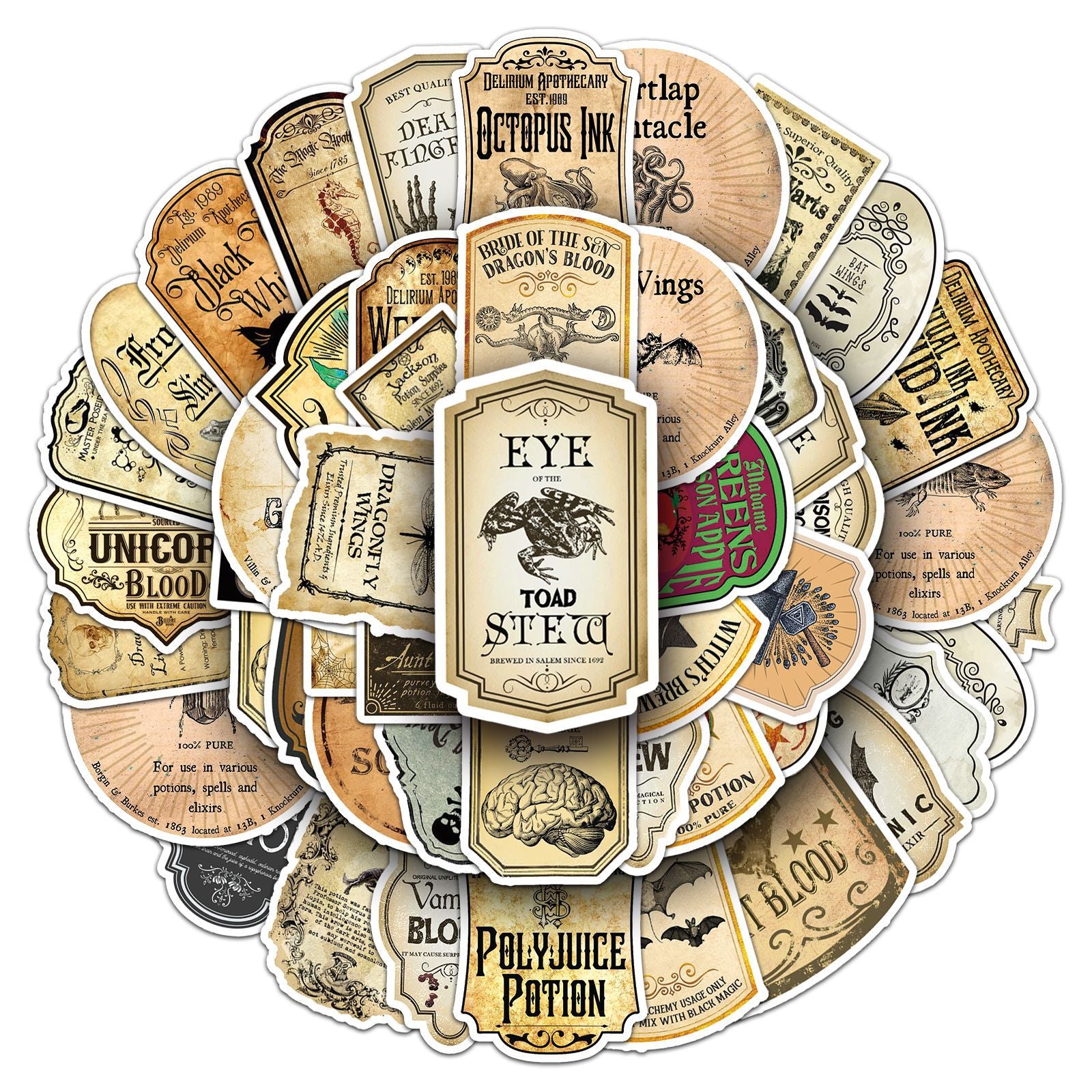 50 Vintage Potion Label Solid Sticker With White Border