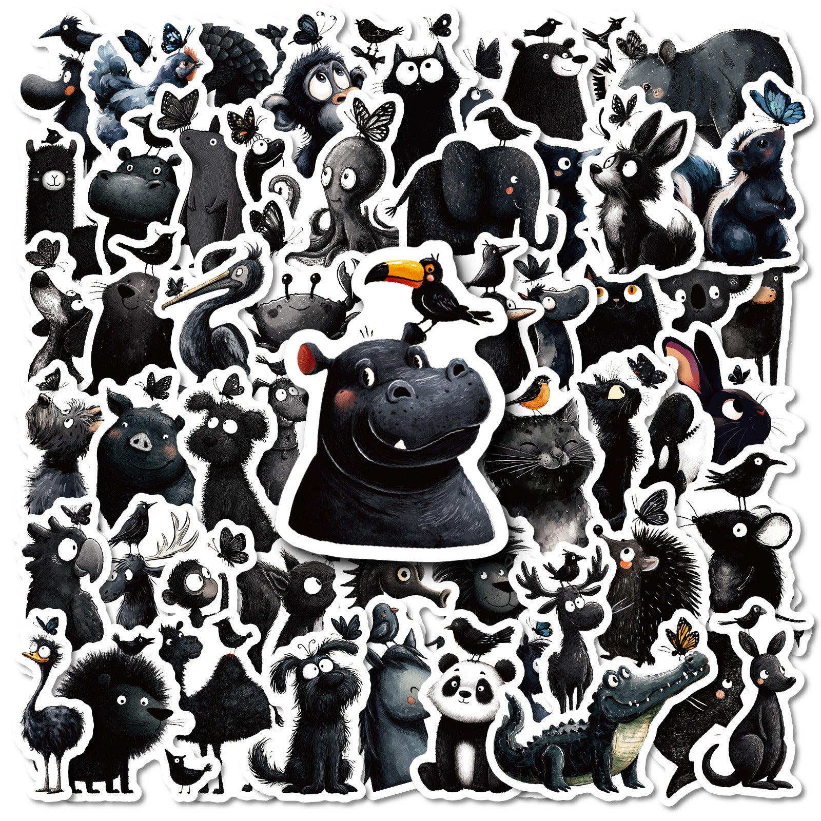 0929 56 Black and white animals stickers solid with white border