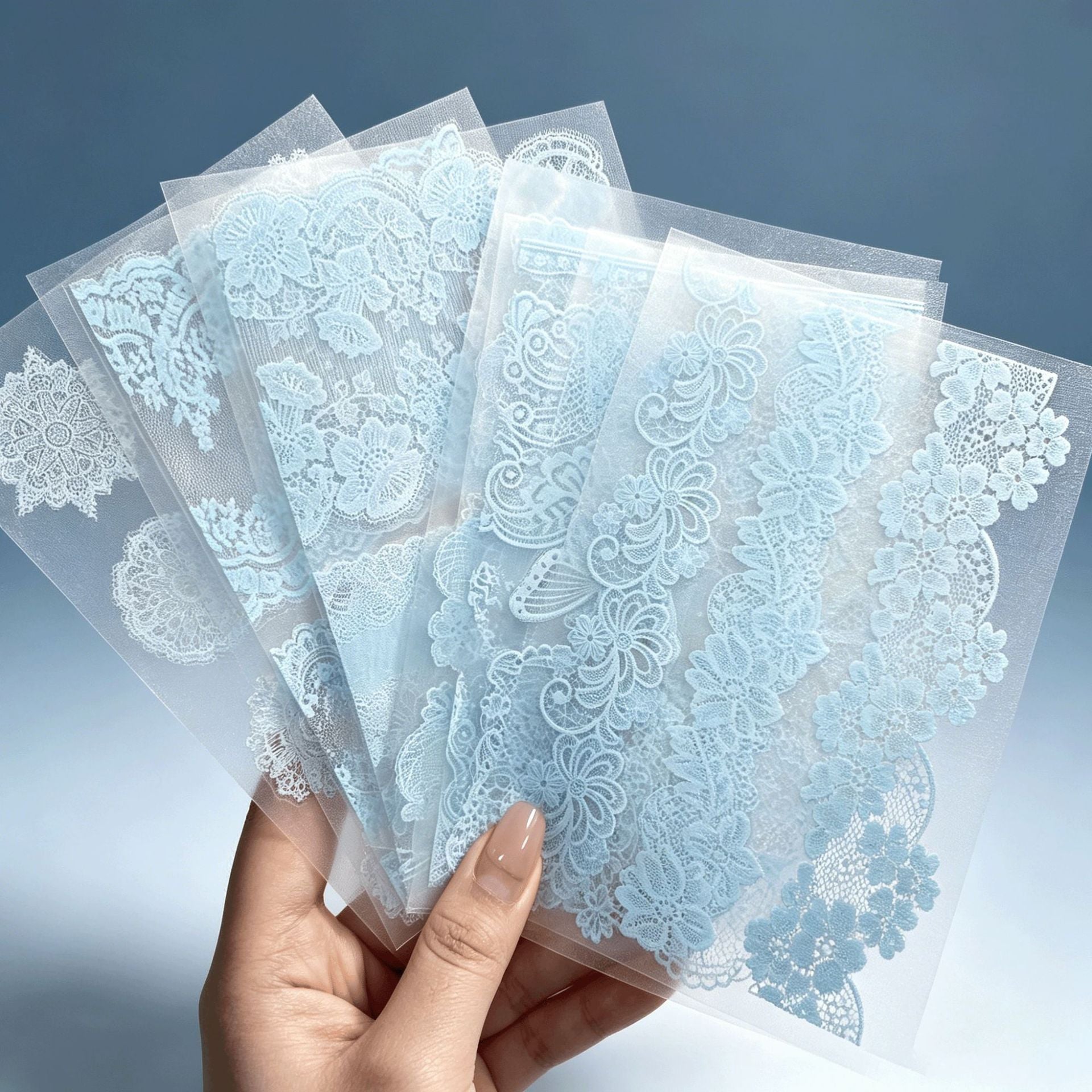 Light Blue lace stickers, 7 sheets per pack, 14.8*10.5cm