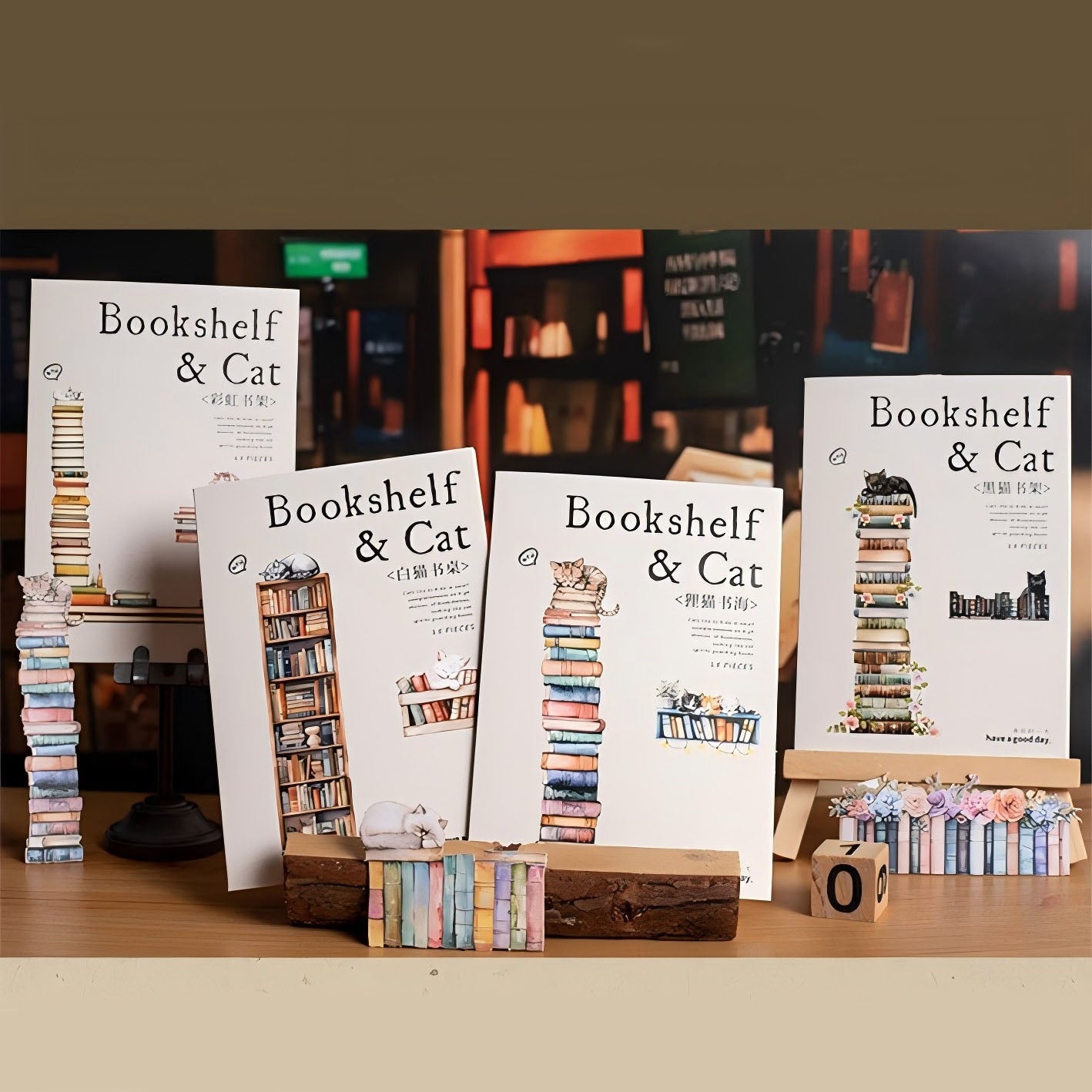 0409 Bookshelf and Cat Series cardstock Sticker -15Pcs each pack
