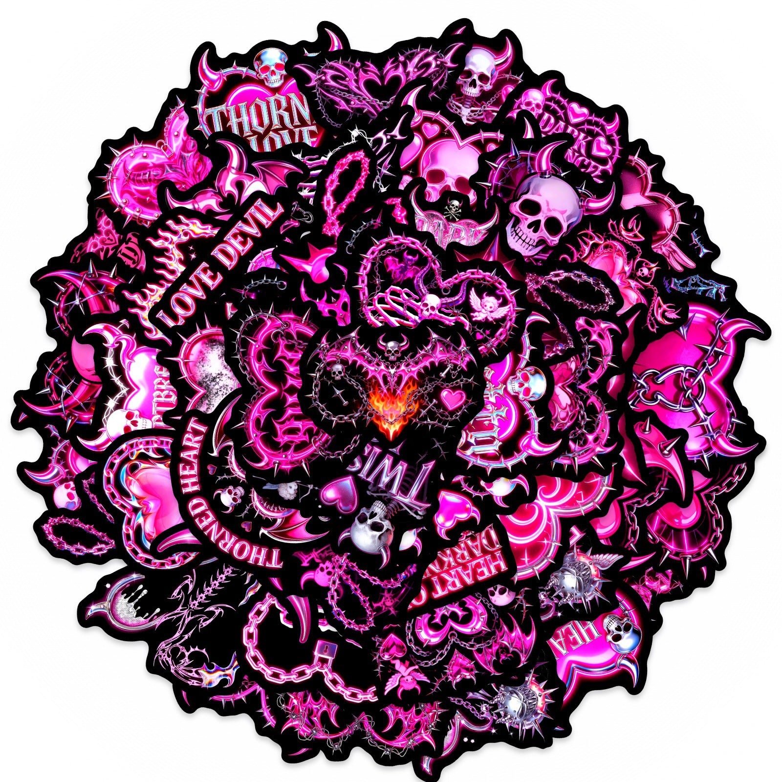 50 Gothic Pink and Black Heart Stickers solid with Black border