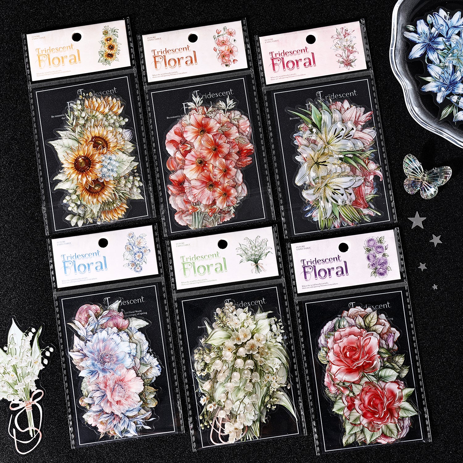 Iridescent Floral PET Stickers -10Pcs each pack