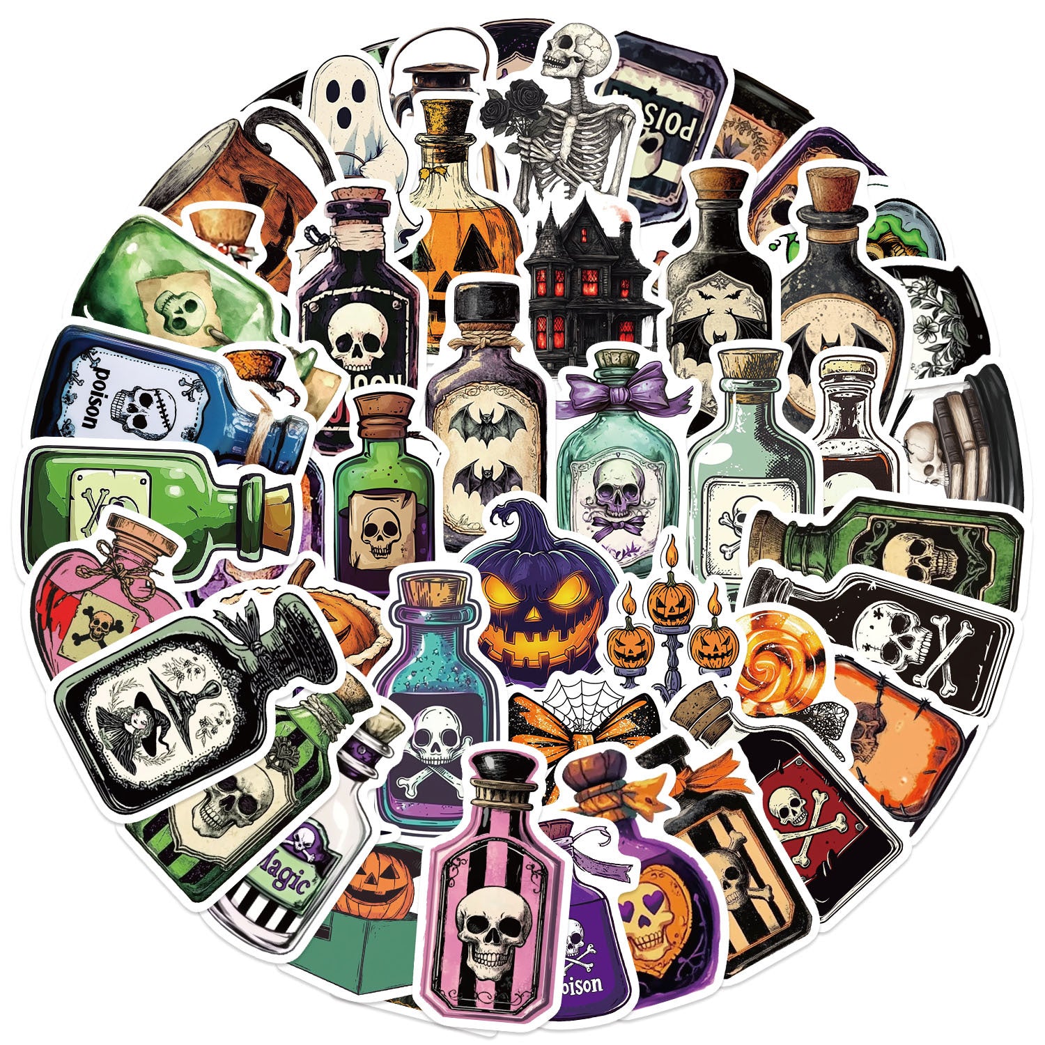 0819 50 Halloween Potion Bottle Stickers solid with white border