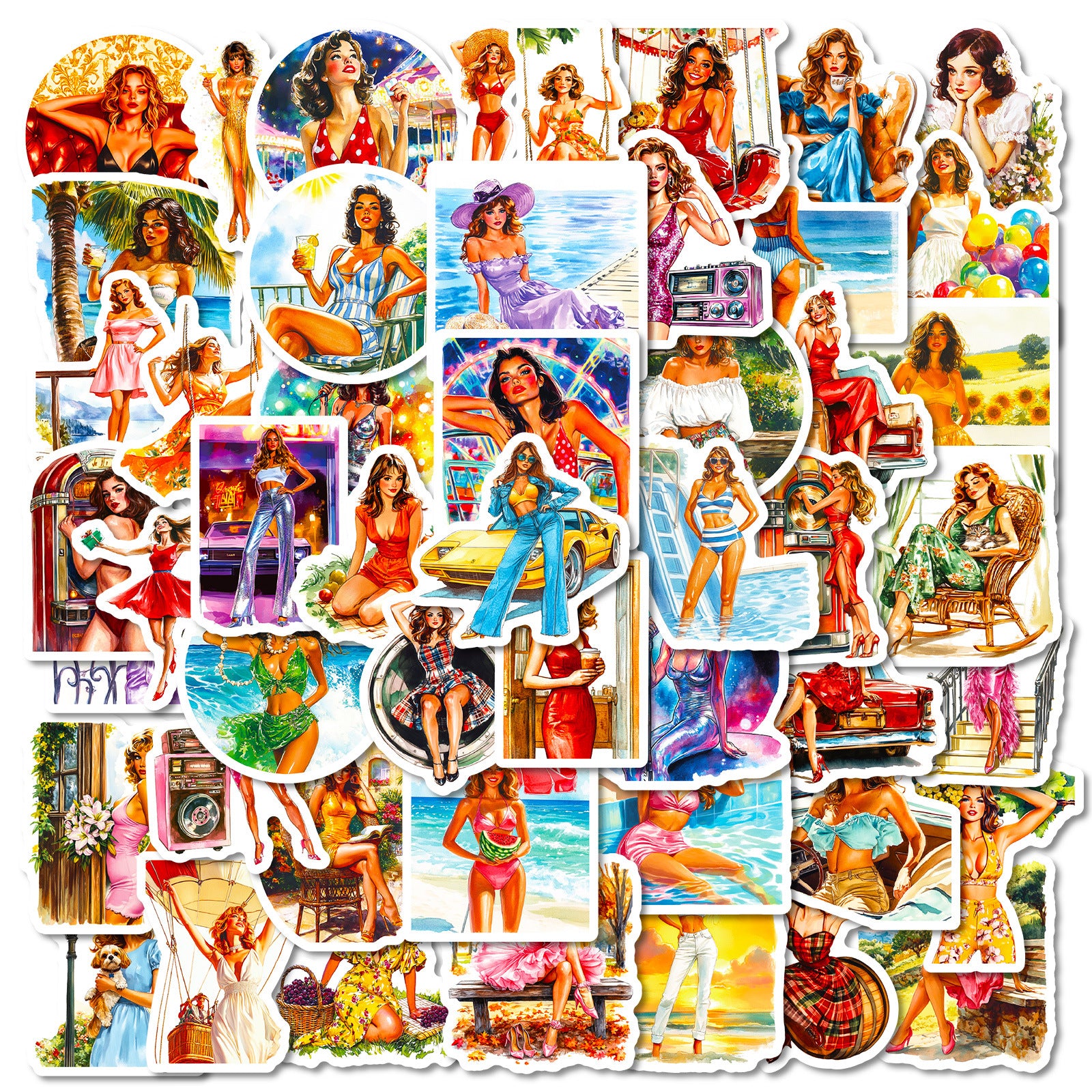 50 Vintage Girl Solid Sticker With White Border