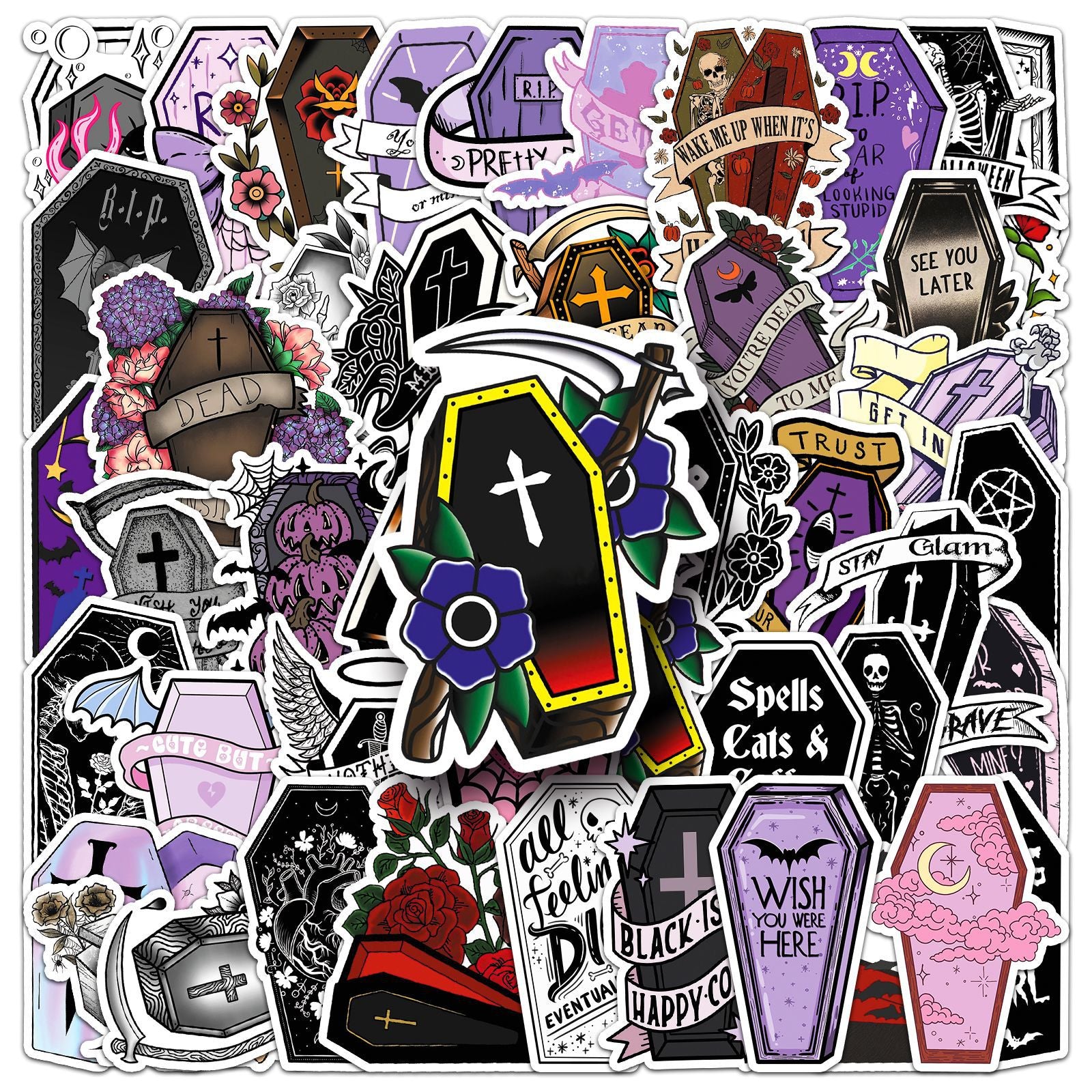 50 Dark Coffin Stickers solid with white border