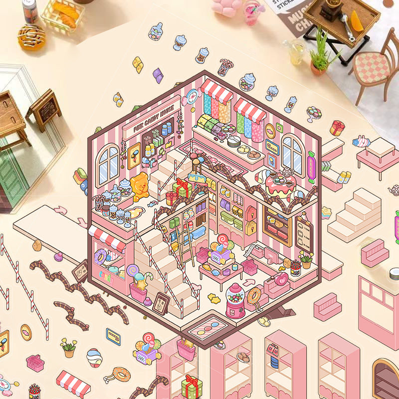 Pink Candy House scene stickers (1 White Card & 3 PET stickers)
