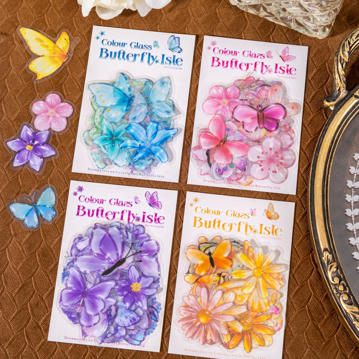 Colorful Glass Butterfly Isle PET Stickers -50Pcs each pack