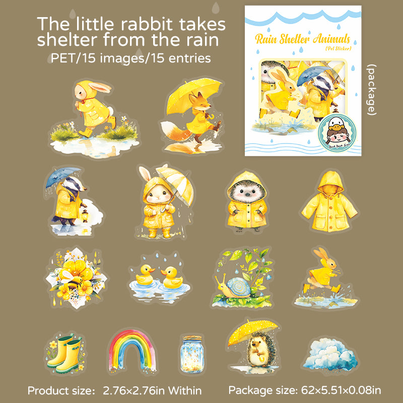 Animals hiding from the rain PET sticker -15Pcs each pack