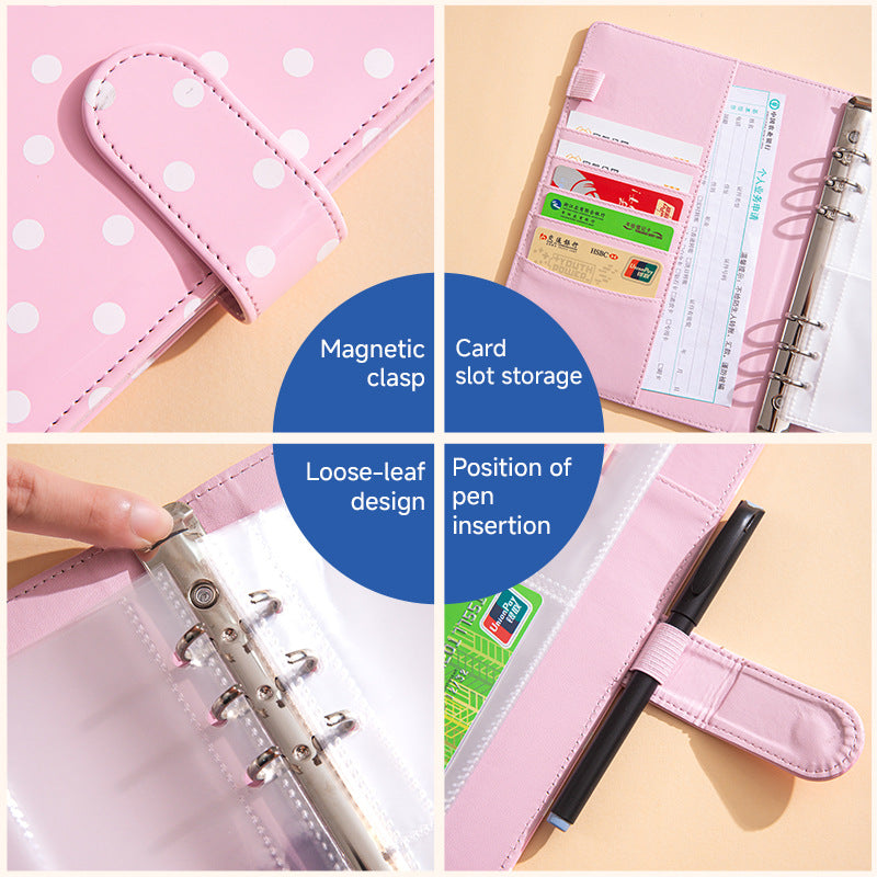 Binder features: magnetic clasp, card slots, pen holder