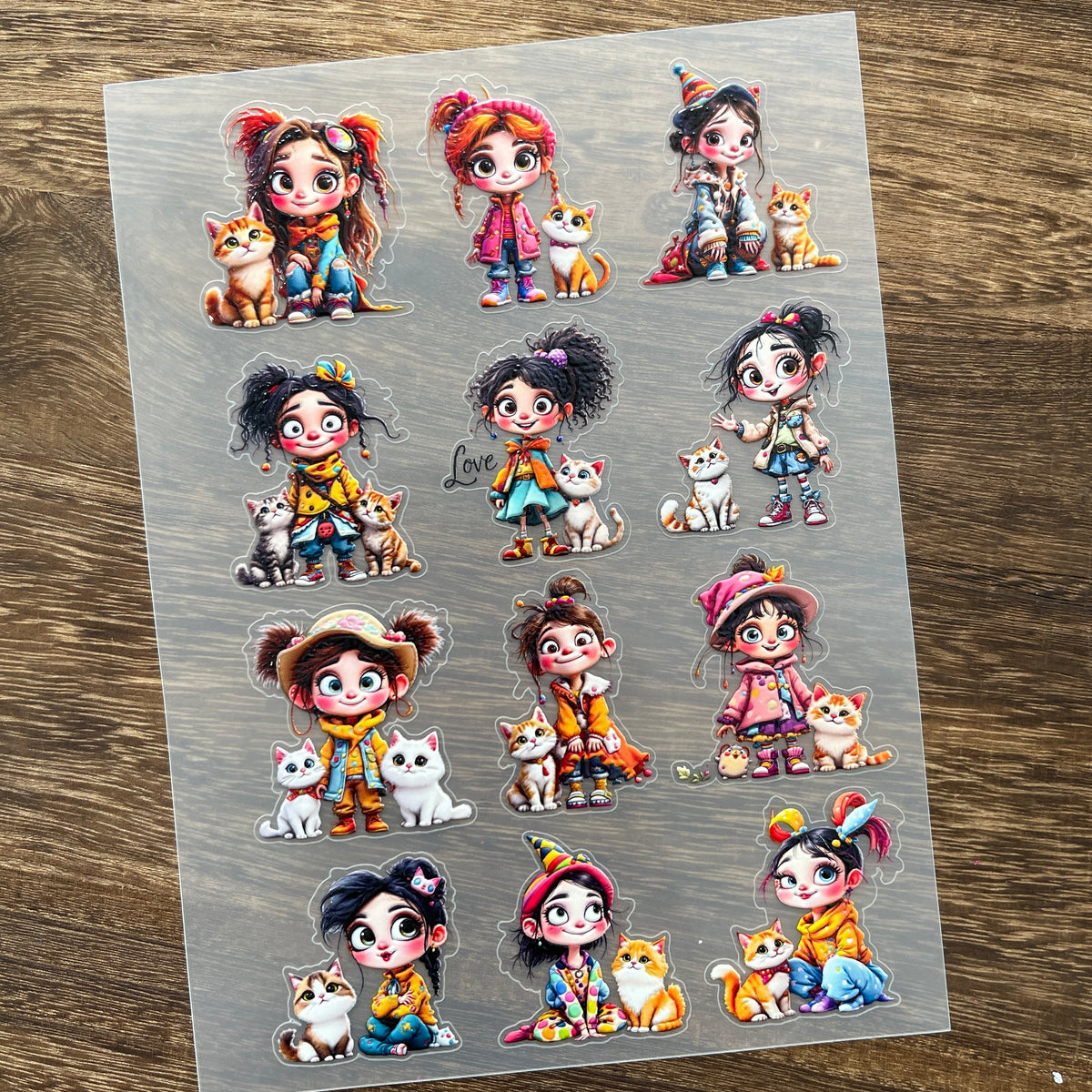 Full big-eyed girl and cat PET sticker sheet