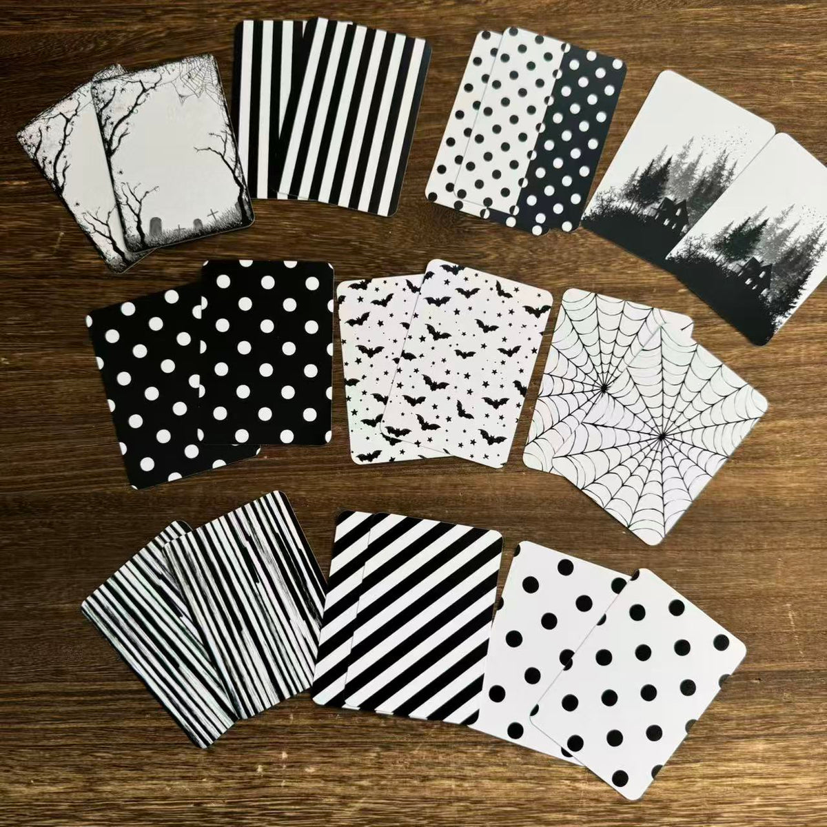Black and white Halloween pattern ATC cards – stripes, polka dots, webs and bats