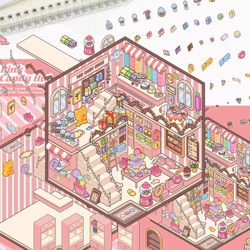 Pink Candy House scene stickers (1 White Card & 3 PET stickers)