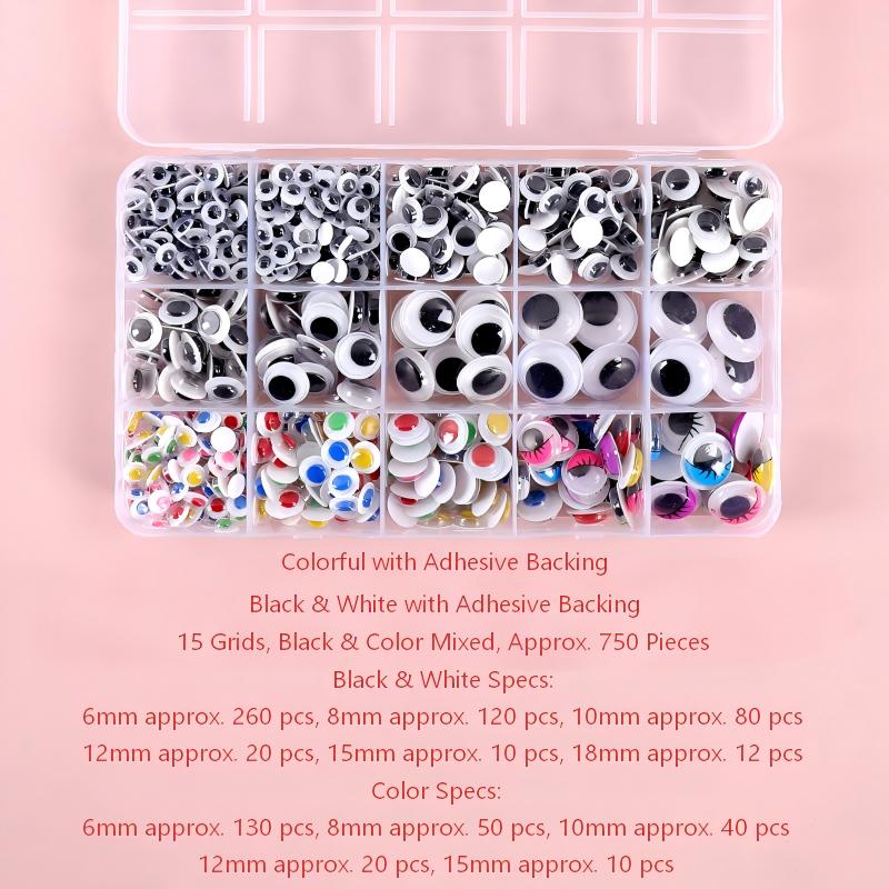 Googly eyes box with size list