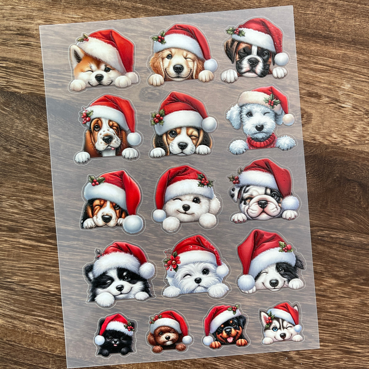 Full puppies wearing santa hats PET sticker sheet
