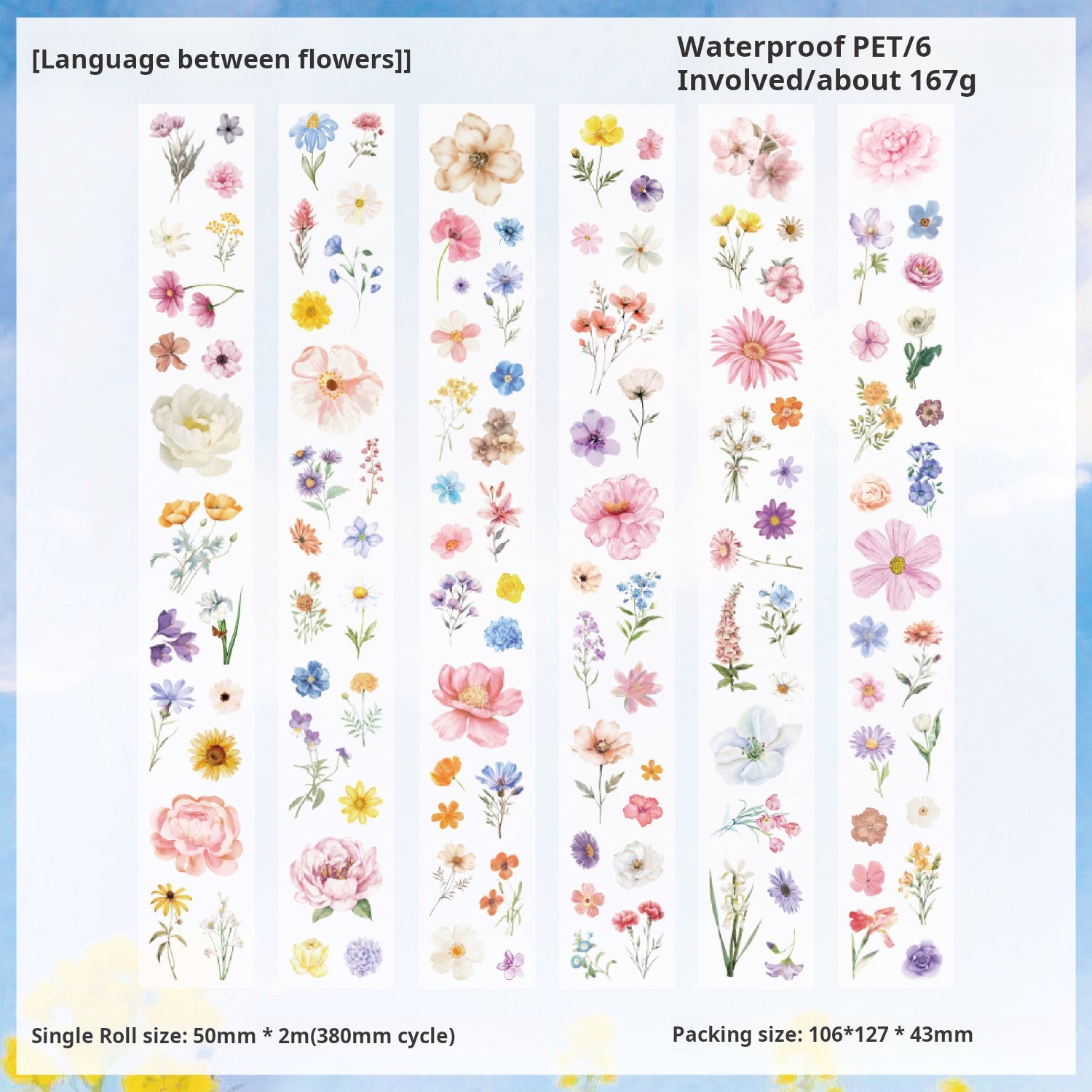 Frosted floral PET Tape Set *pre-cut 6 rolls 5cm*2m