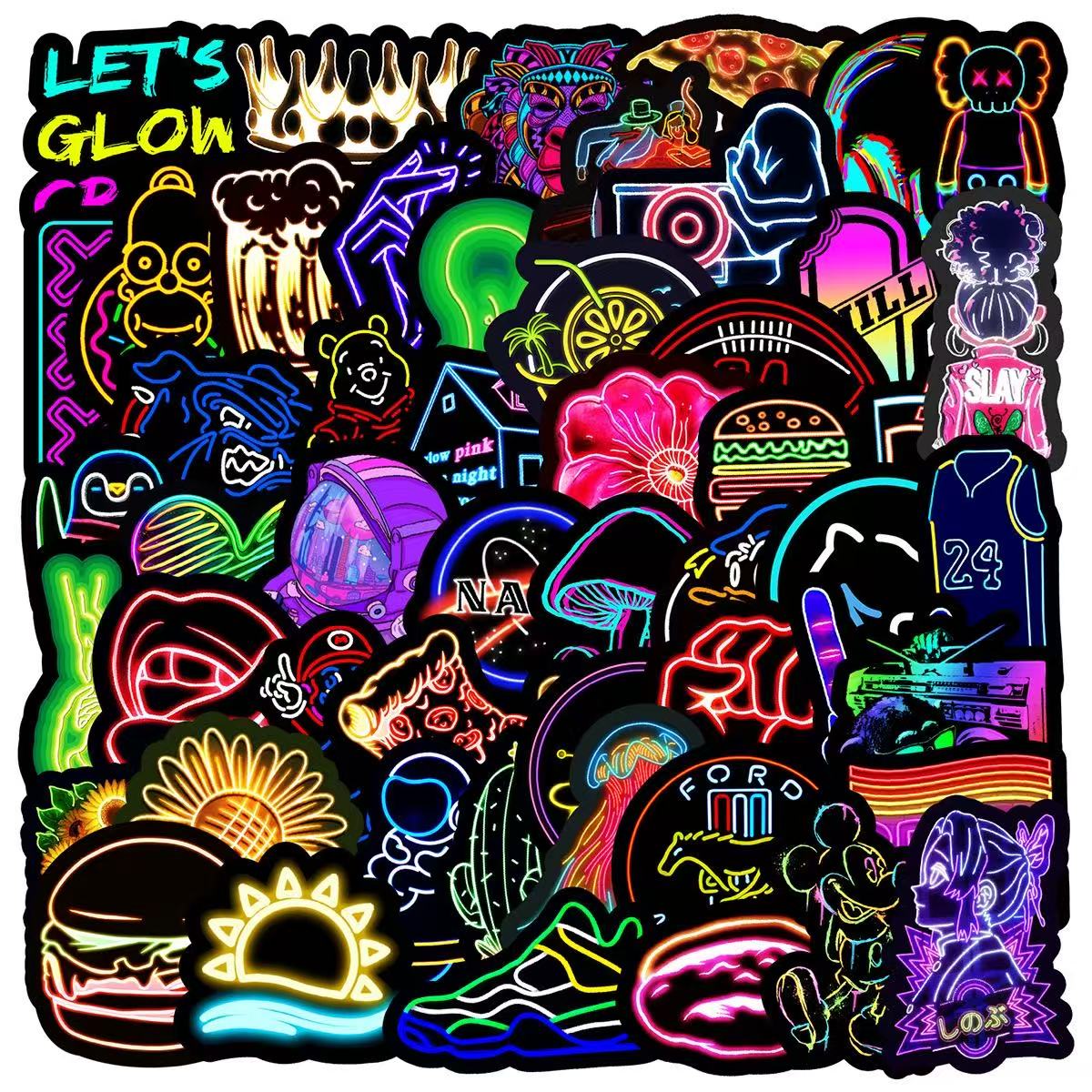 50 Vintage Neon Cartoon Style Solid Sticker With Black Border