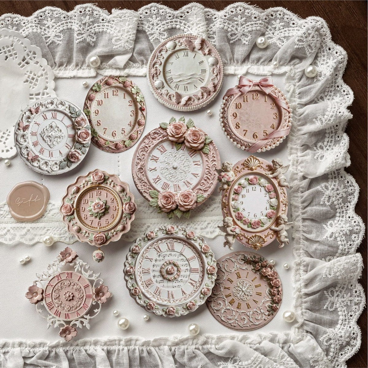 Pink clock stickers on lace