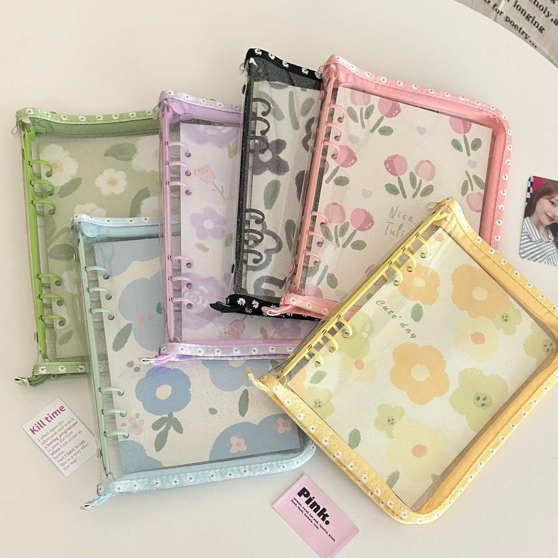 0701 A5 Glitter clear binder with Zipper and flower pattern border *not contain insert pages