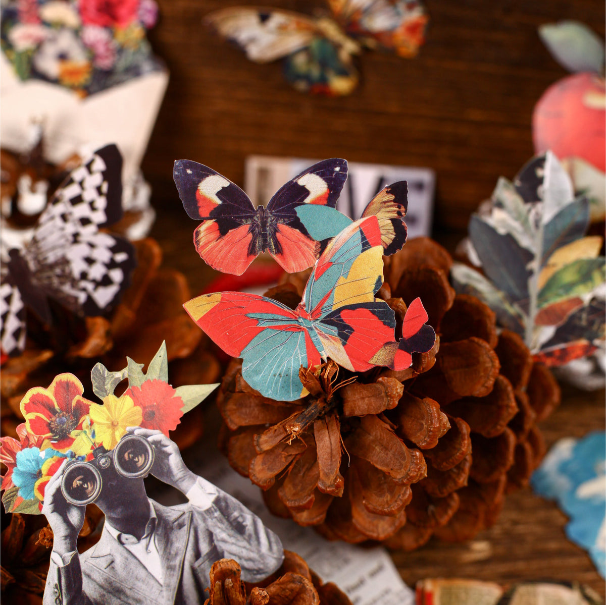Stickers on pine cone