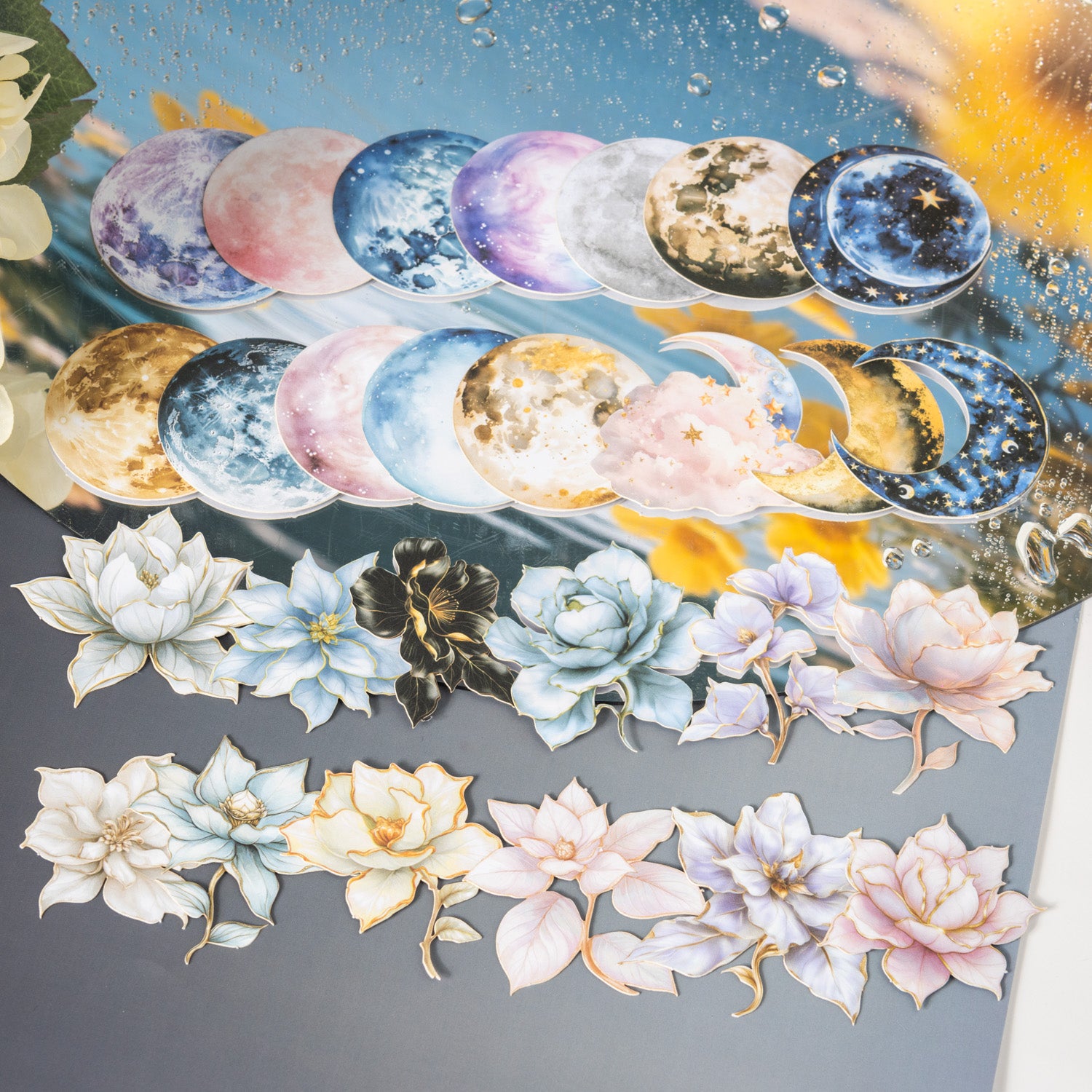 0510 Flowers Reflect Under The Moon cardstock sticker -10Pcs each pack