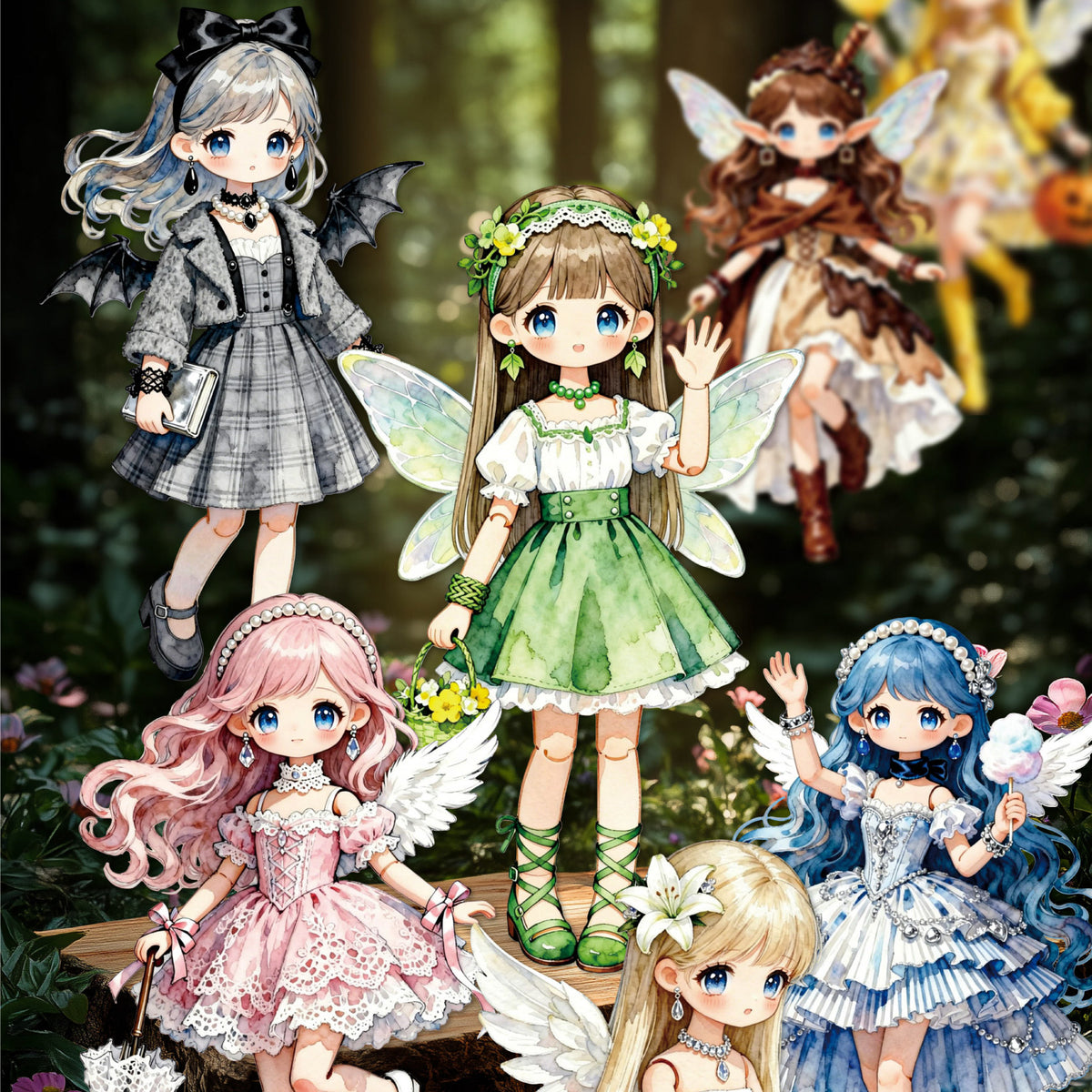 Lolita fairies in green, pink and grey