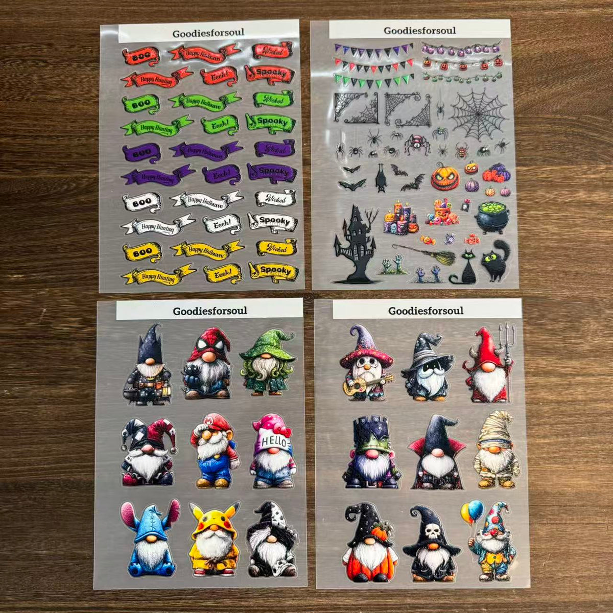 Four 3D Halloween Party sticker sheets with gnomes, bats and spider webs
