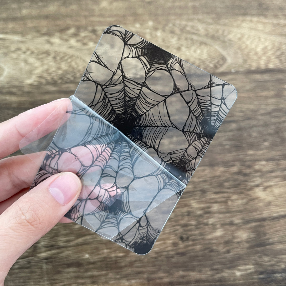Holding a spider web clear ATC card